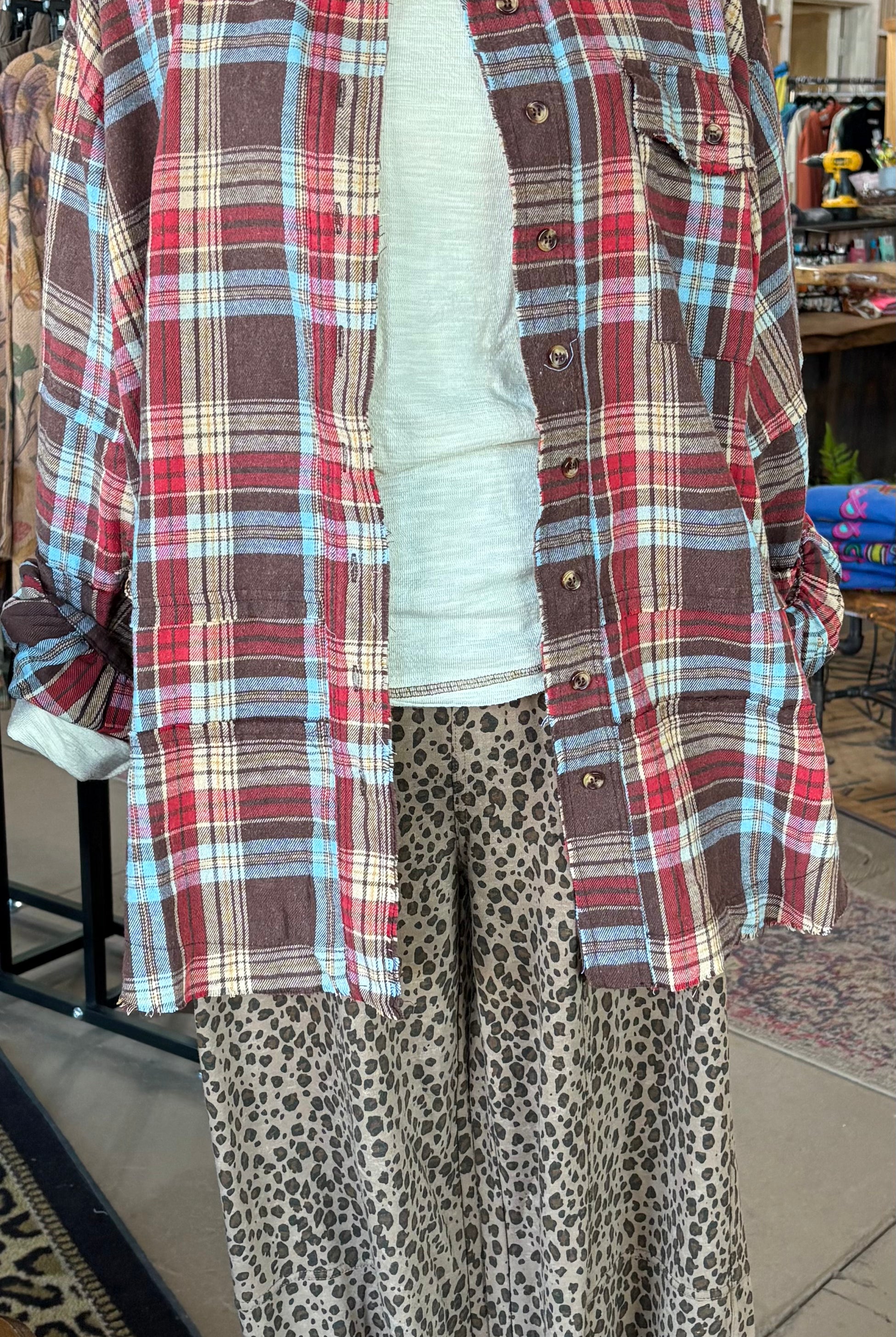 Long Sleeve Mineral Washed Plaid Flannel Tunic Top - Easel-TOP-EASEL-Stuffology - Where Vintage Meets Modern, A Boutique for Real Women in Crosbyton, TX