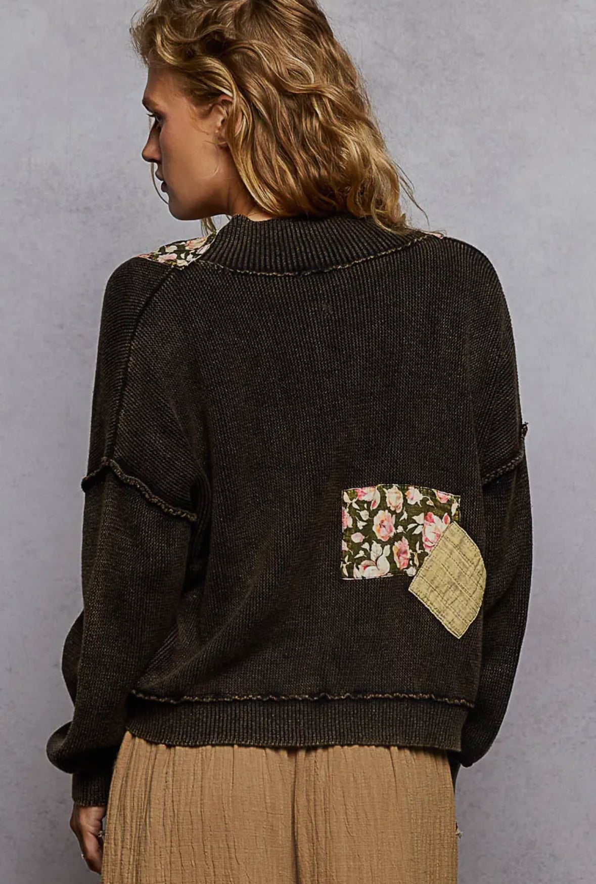 POL Clothing Patchwork Accent Knit Cardigan-Sweater Cardigan-POL Clothing-Stuffology - Where Vintage Meets Modern, A Boutique for Real Women in Crosbyton, TX