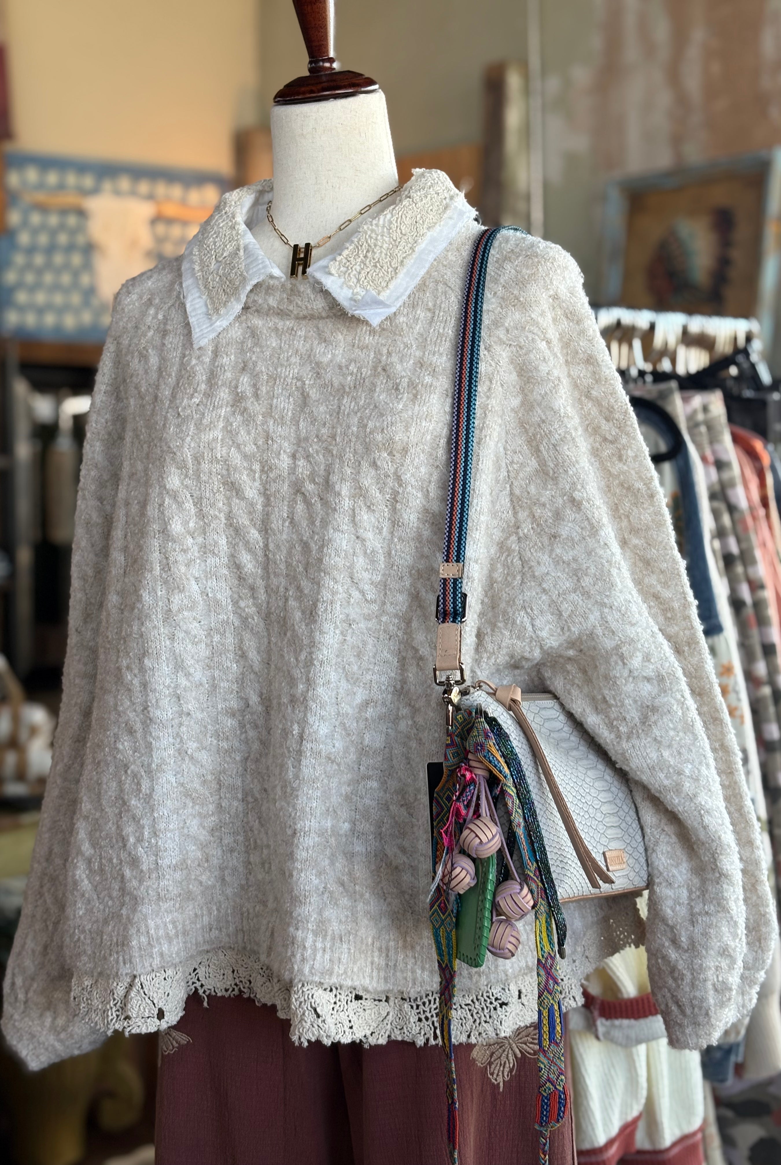 Collar neck double gauze crochet patch solid sweater top - POL Clothing-Sweaters-Pol Clothing-Stuffology - Where Vintage Meets Modern, A Boutique for Real Women in Crosbyton, TX