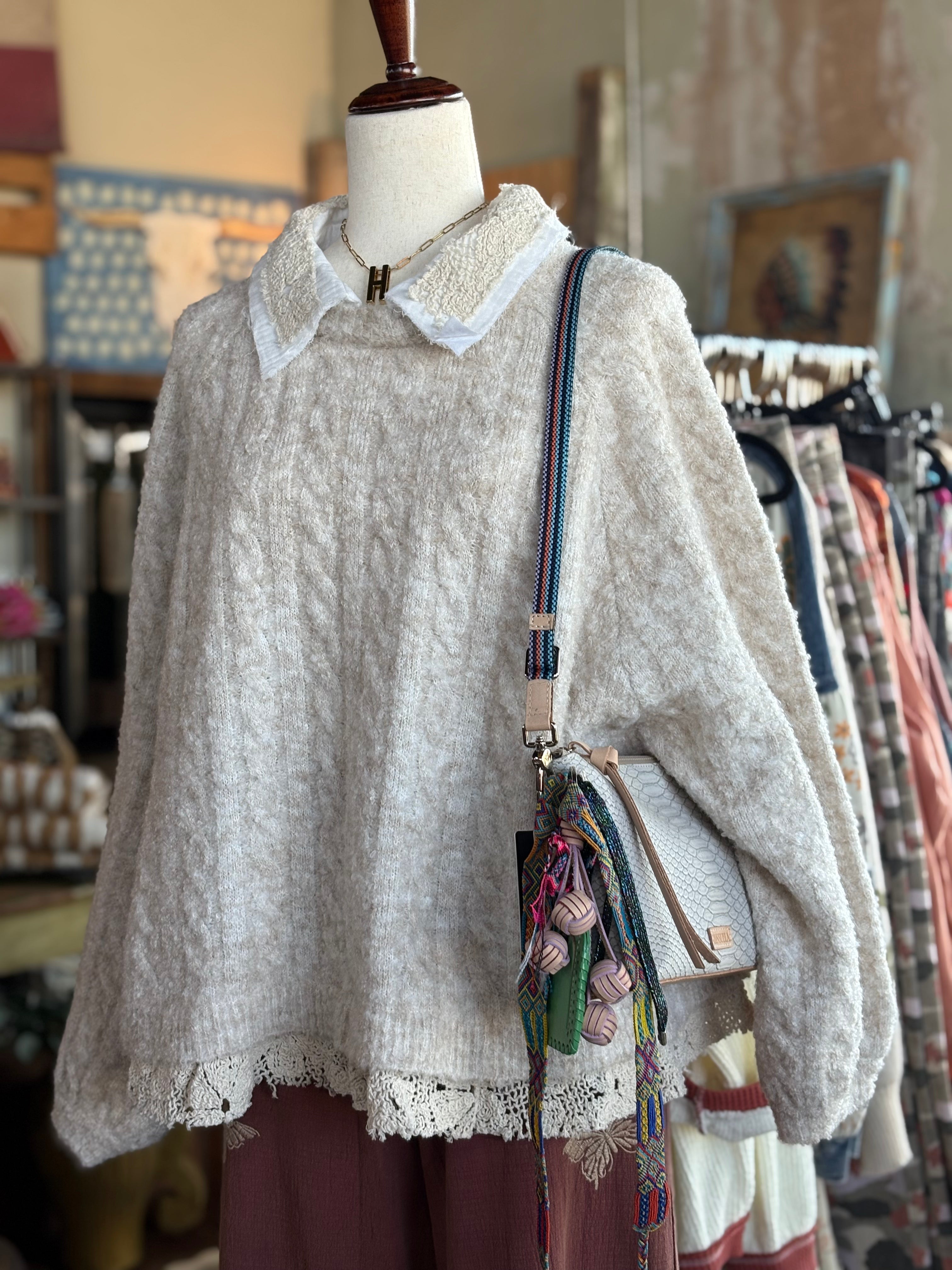 Collar neck double gauze crochet patch solid sweater top - POL Clothing-Sweaters-Pol Clothing-Stuffology - Where Vintage Meets Modern, A Boutique for Real Women in Crosbyton, TX