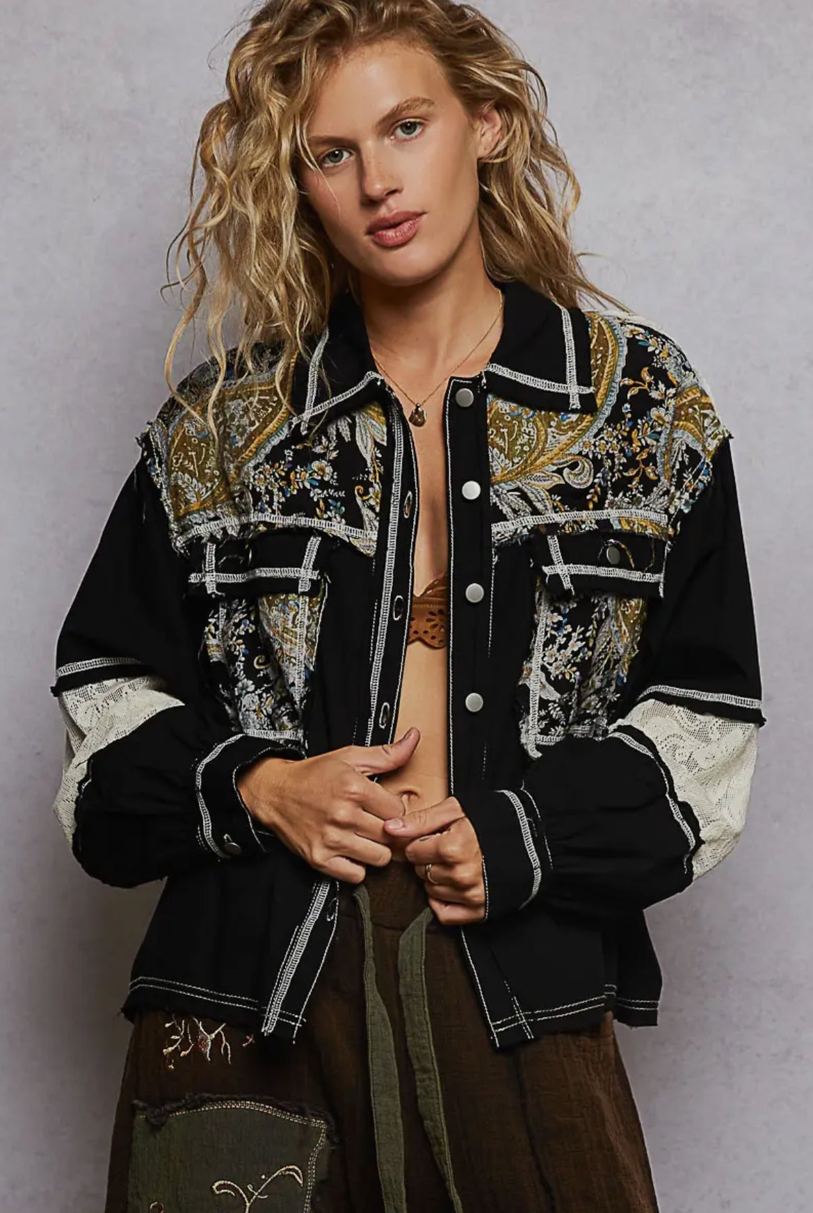 POL Clothing Black Boho Patchwork Jacket-Jackets-POL Clothing-Stuffology - Where Vintage Meets Modern, A Boutique for Real Women in Crosbyton, TX