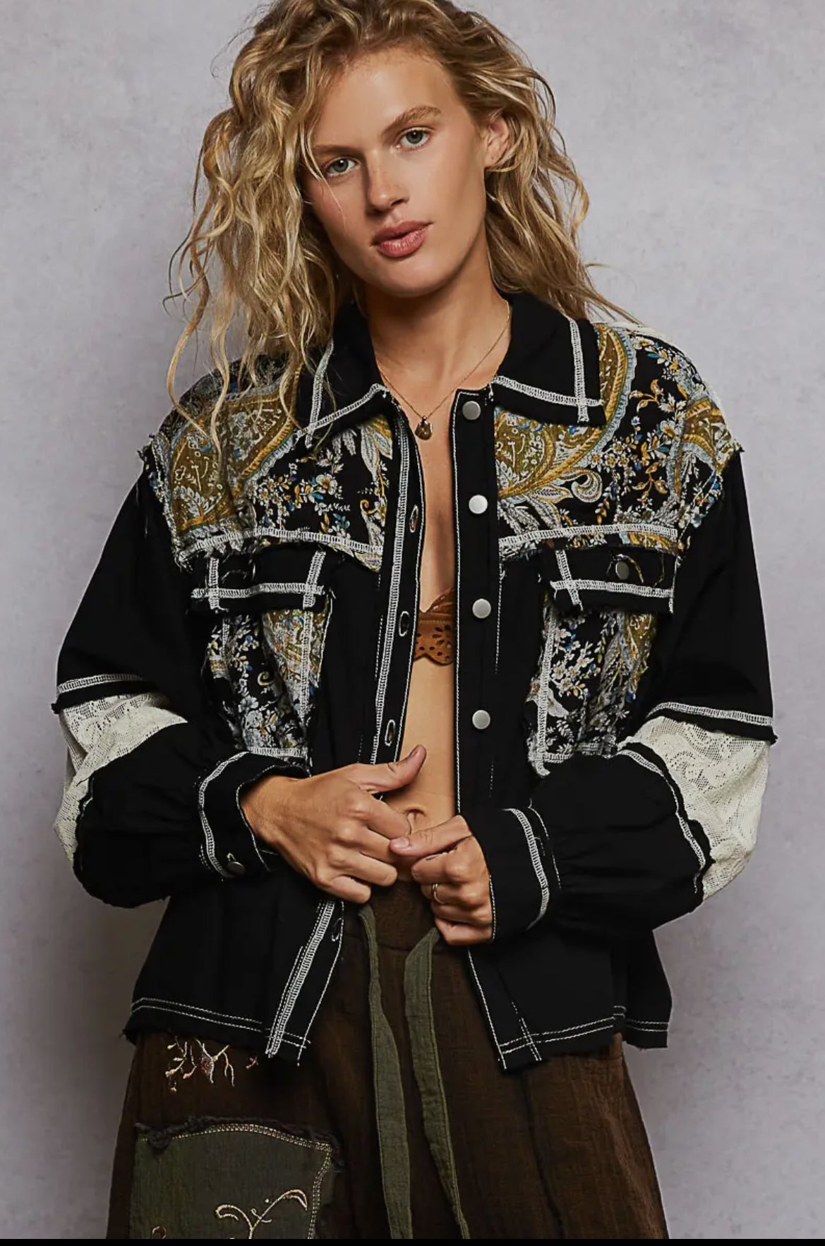 POL Clothing Black Boho Patchwork Jacket-Jackets-POL Clothing-Stuffology - Where Vintage Meets Modern, A Boutique for Real Women in Crosbyton, TX