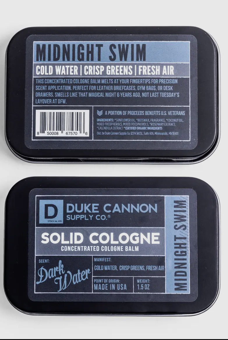 SOLID COLOGNE - MIDNIGHT SWIM-Colognes-Duke Cannon-Stuffology - Where Vintage Meets Modern, A Boutique for Real Women in Crosbyton, TX