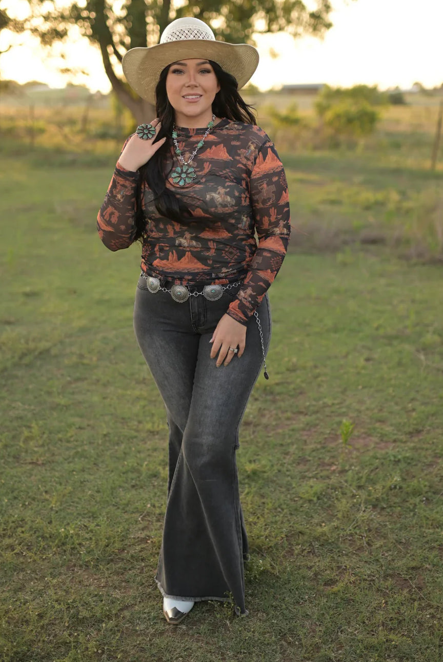 Black Rusty Desert Cowboy Mesh Top-MESH TOP-Stuffology Boutique -Stuffology - Where Vintage Meets Modern, A Boutique for Real Women in Crosbyton, TX