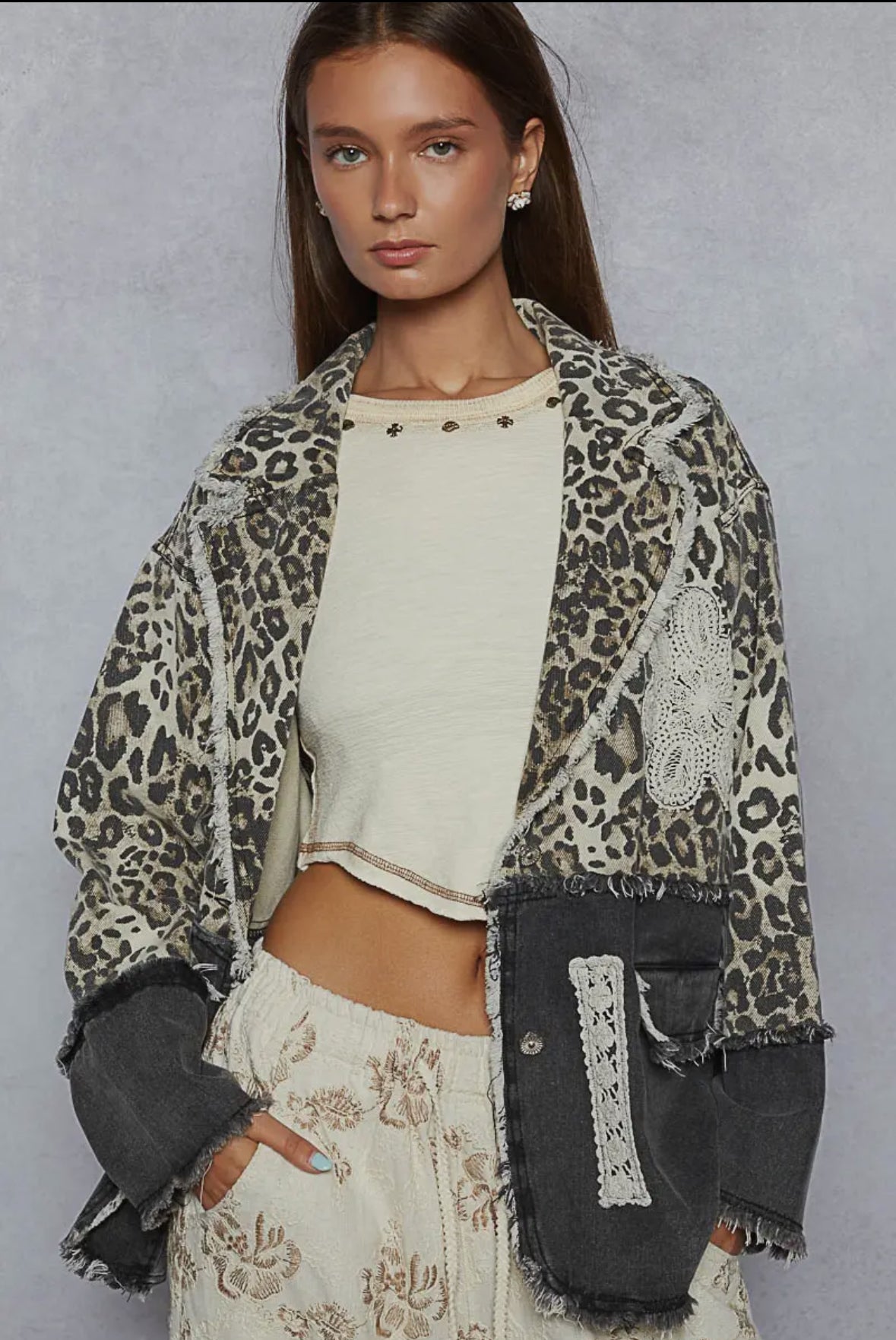 Leopard/Black V-neck long sleeve crochet patch printed twill woven jacket-Jackets-Pol Clothing-Stuffology - Where Vintage Meets Modern, A Boutique for Real Women in Crosbyton, TX