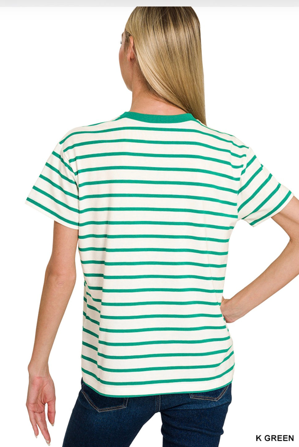 Kelly Green Striped Crew Neck Tee-Tops-Zenana-Stuffology - Where Vintage Meets Modern, A Boutique for Real Women in Crosbyton, TX