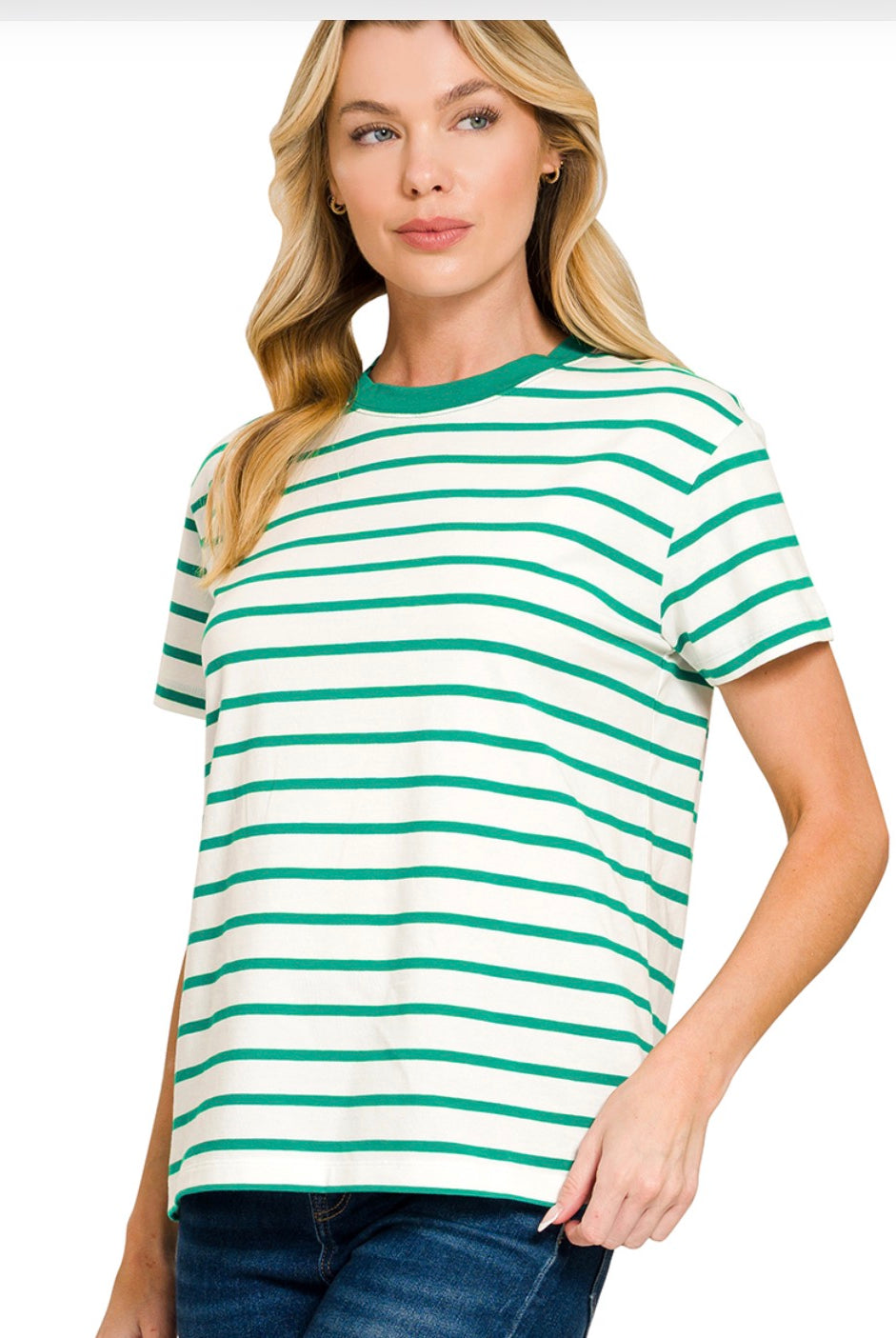 Kelly Green Striped Crew Neck Tee-Tops-Zenana-Stuffology - Where Vintage Meets Modern, A Boutique for Real Women in Crosbyton, TX
