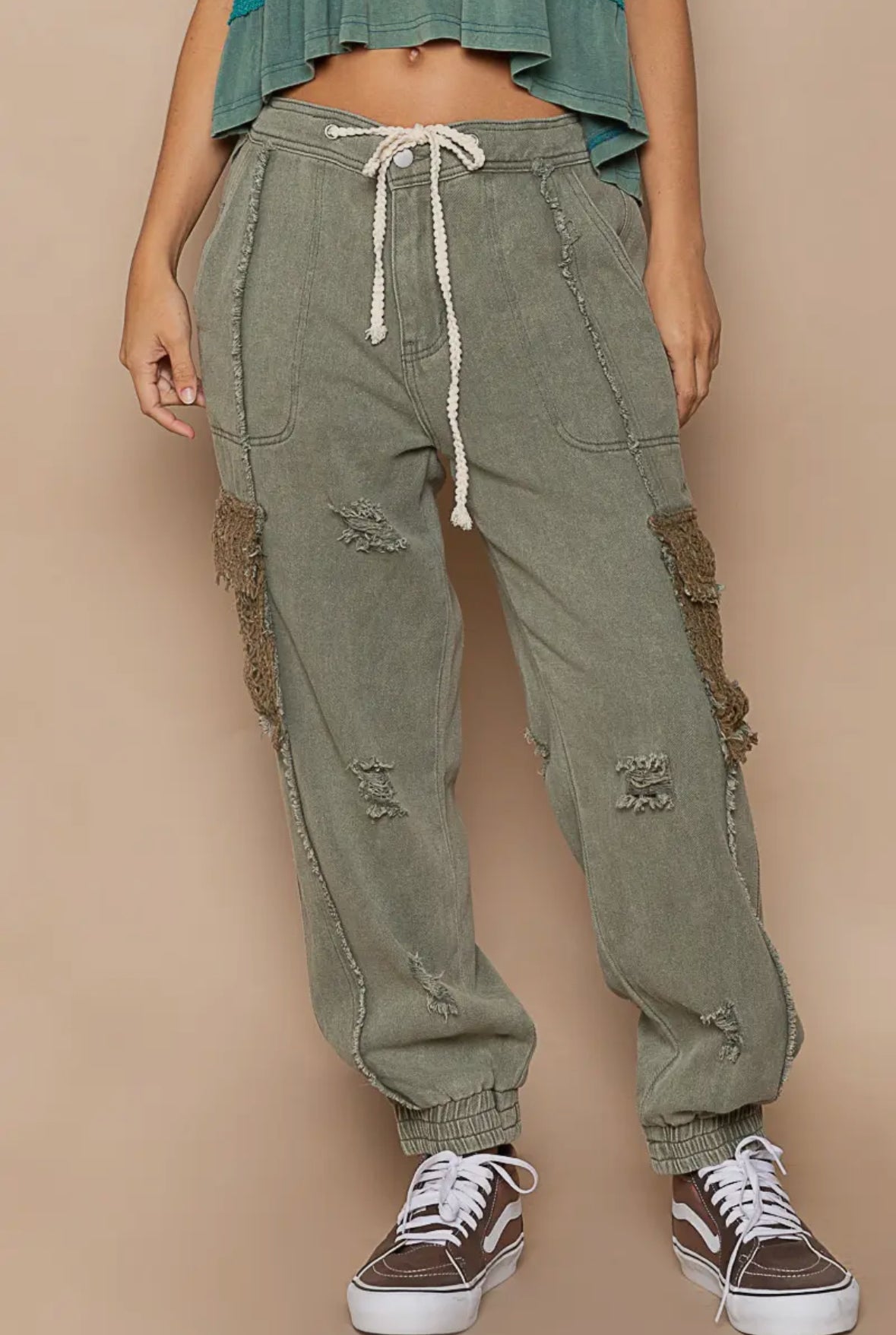POL Clothing Shadow Green Tie Waistband Contrast Crochet Cargo Pockets Denim Joggers-Joggers-Pol Clothing-Stuffology - Where Vintage Meets Modern, A Boutique for Real Women in Crosbyton, TX