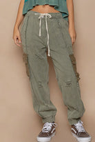 POL Clothing Shadow Green Tie Waistband Contrast Crochet Cargo Pockets Denim Joggers-Joggers-Pol Clothing-Stuffology - Where Vintage Meets Modern, A Boutique for Real Women in Crosbyton, TX