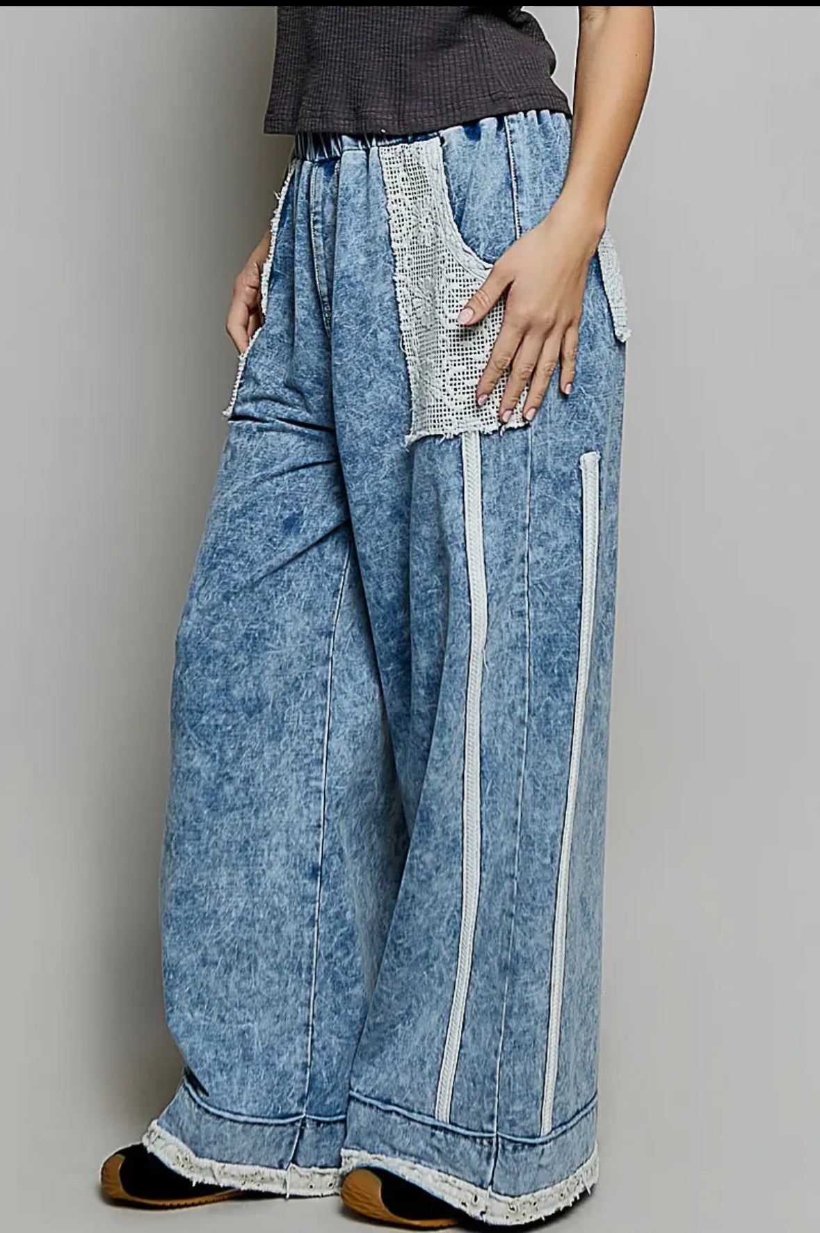 POL Clothing Boho Crochet Pocket Mineral Wash Jeans-Stuffology Boutique -Stuffology - Where Vintage Meets Modern, A Boutique for Real Women in Crosbyton, TX