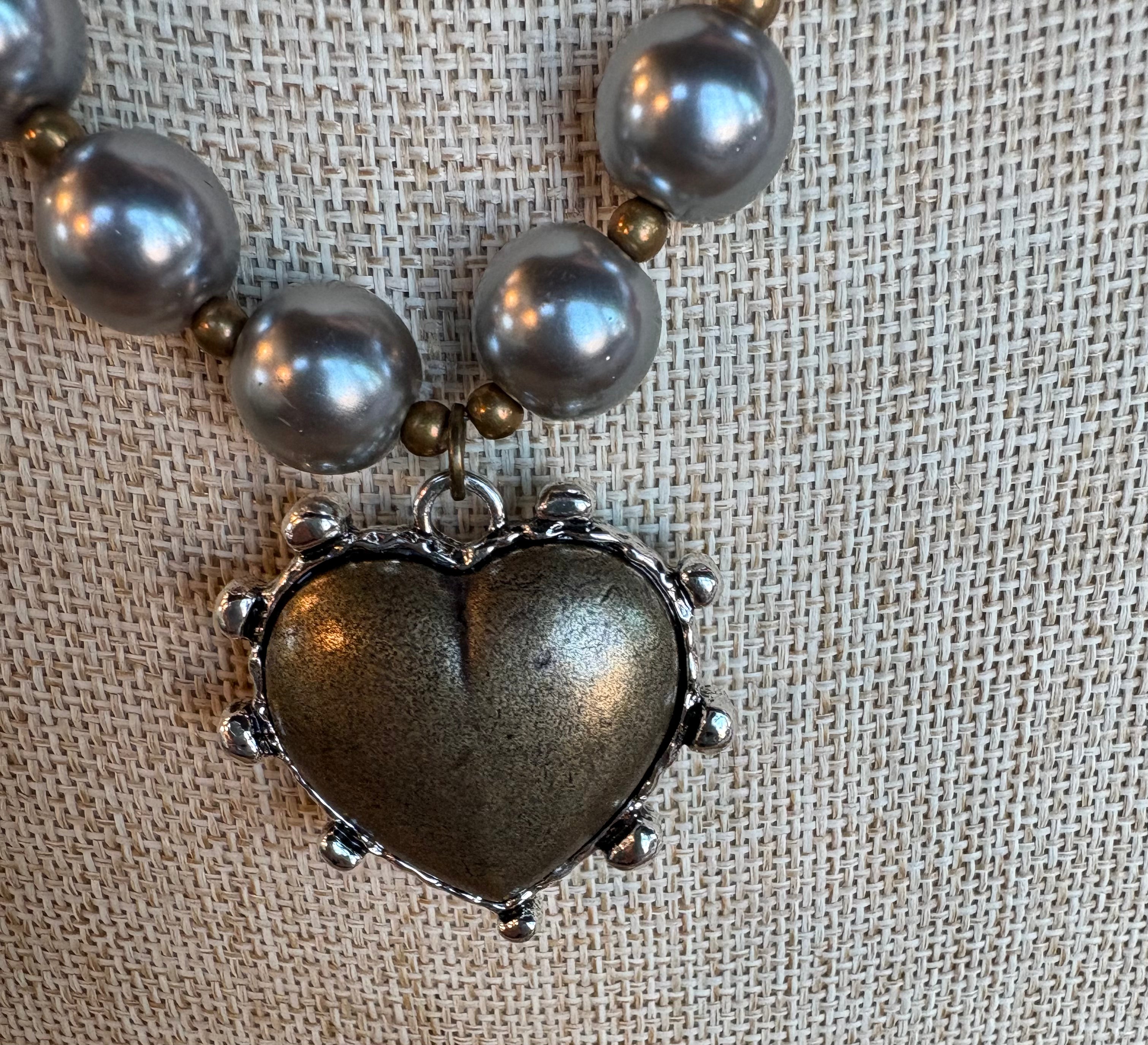 Gray Pearl Chain Necklace with Vintage Heart Pendant-Necklaces-Lost & Found Trading-Stuffology - Where Vintage Meets Modern, A Boutique for Real Women in Crosbyton, TX