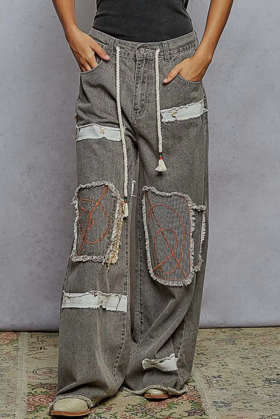POL Clothing - Patchwork Wide Leg Twill Pants-Jeans-Pol Clothing-Stuffology - Where Vintage Meets Modern, A Boutique for Real Women in Crosbyton, TX