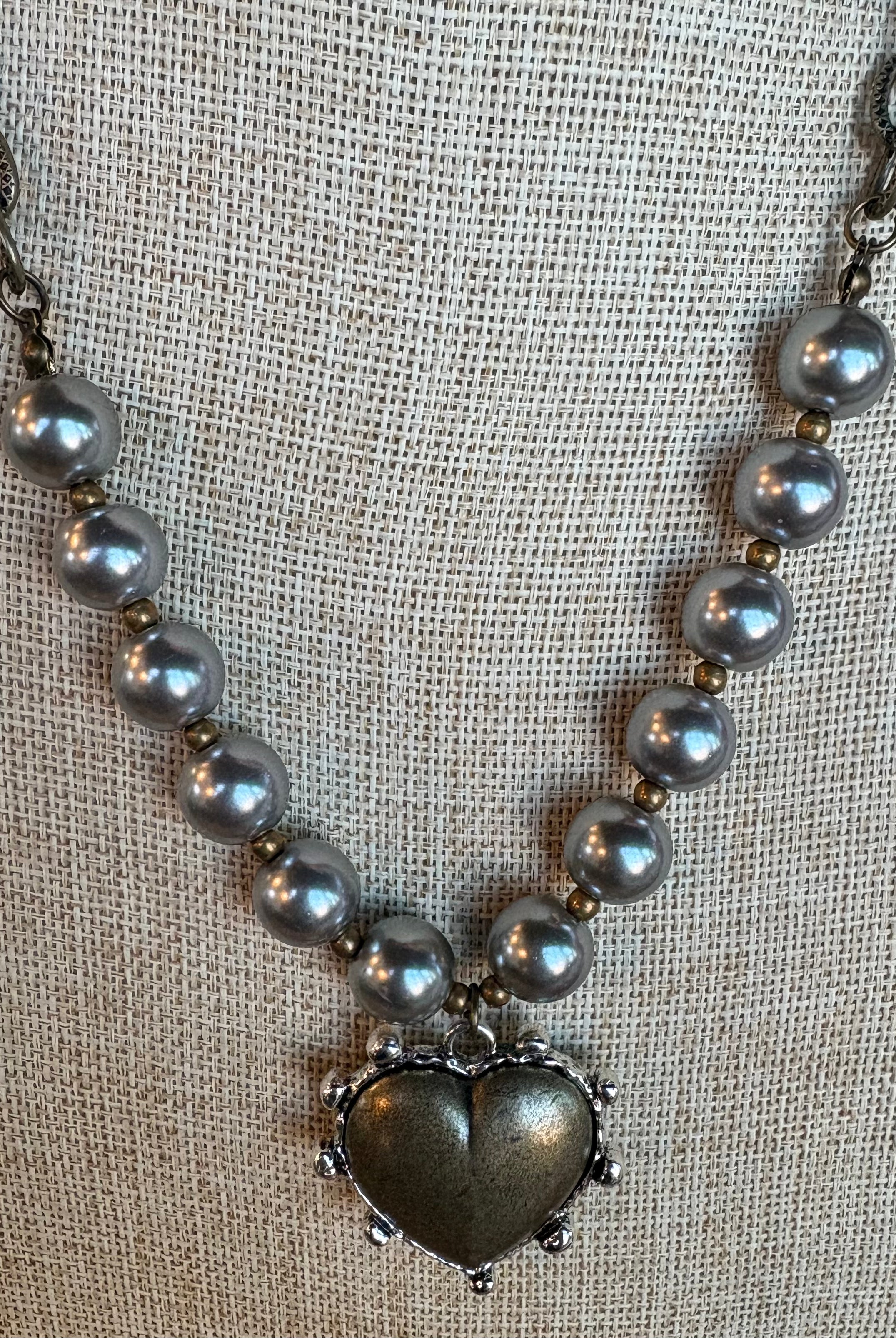 Gray Pearl Chain Necklace with Vintage Heart Pendant-Necklaces-Lost & Found Trading-Stuffology - Where Vintage Meets Modern, A Boutique for Real Women in Crosbyton, TX