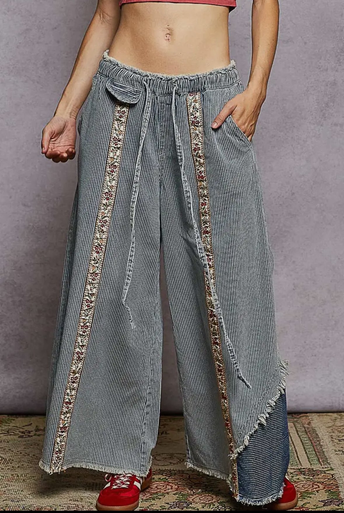 POL Clothing Denim Multi Contrast Panel Detail Print Woven Pants-Pants-Pol Clothing-Stuffology - Where Vintage Meets Modern, A Boutique for Real Women in Crosbyton, TX