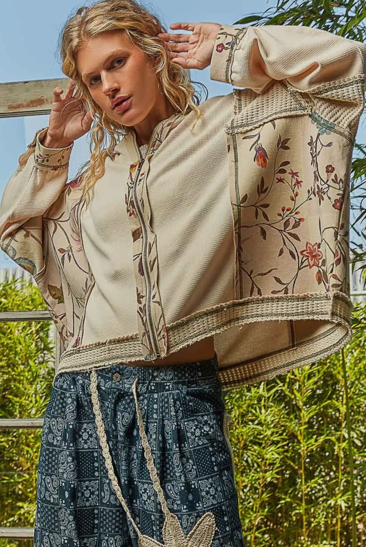 POL Clothing Floral Patchwork Thermal Hoodie Jacket-Jackets-Pol Clothing-Stuffology - Where Vintage Meets Modern, A Boutique for Real Women in Crosbyton, TX