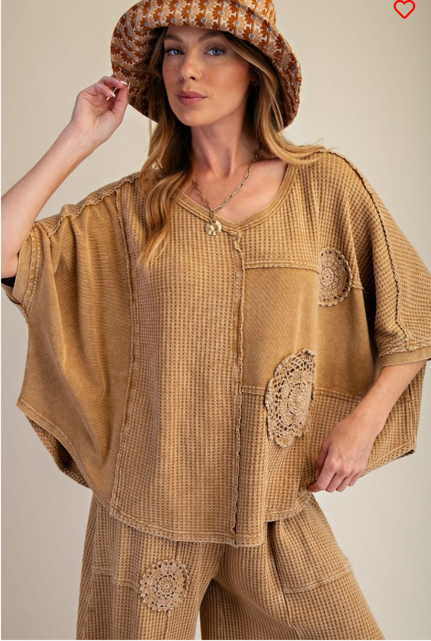 Crochet Patch Waffle Knit Top-Oversized Top-Stuffology Boutique -Stuffology - Where Vintage Meets Modern, A Boutique for Real Women in Crosbyton, TX