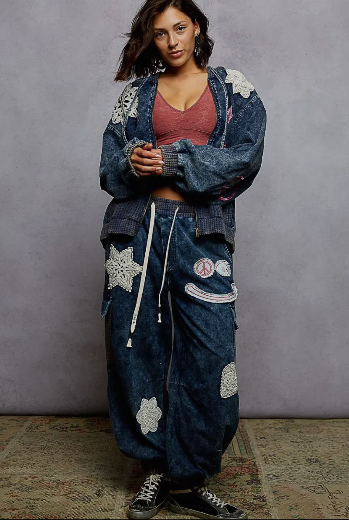 POL Clothing - French Terry Crochet Patch Jogger Pants-Joggers-Stuffology Boutique -Stuffology - Where Vintage Meets Modern, A Boutique for Real Women in Crosbyton, TX