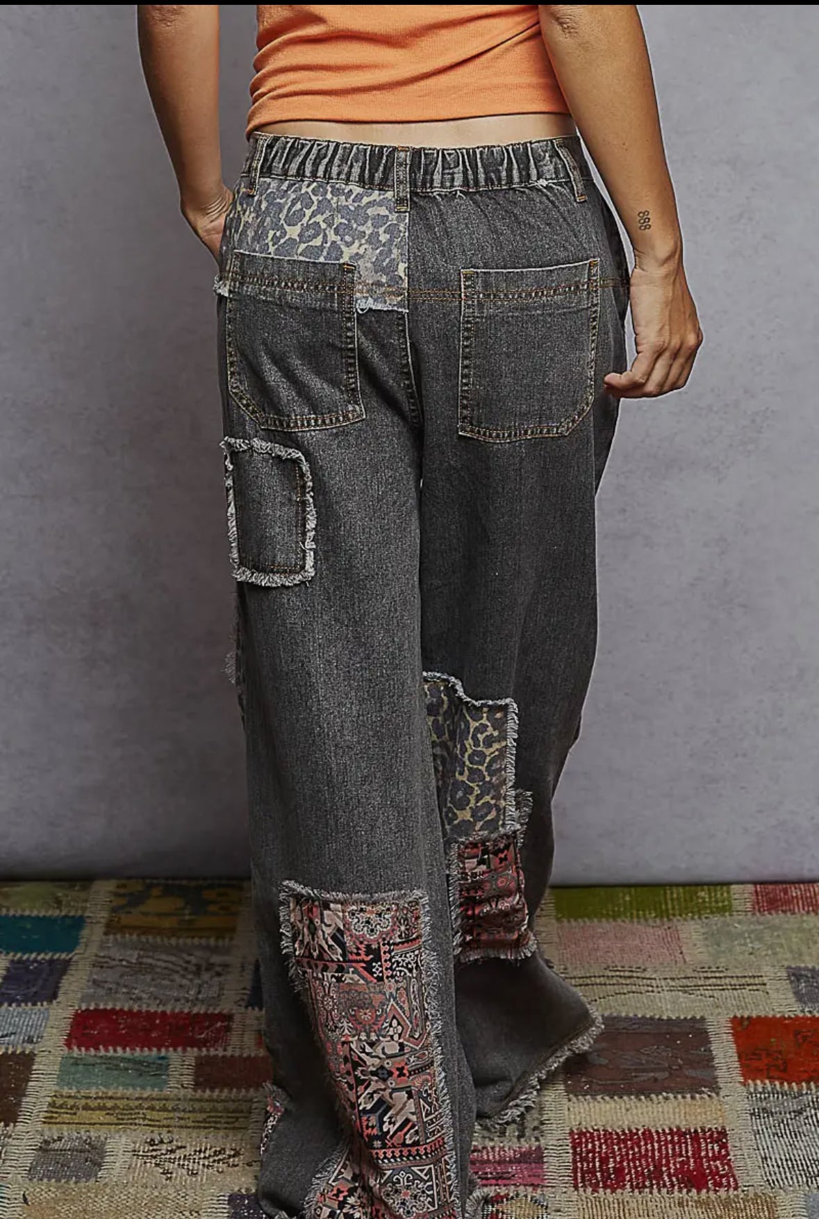 POL Clothing Vintage Black Leopard Patchwork Wide-Leg Jeans-Pol Clothing-Stuffology - Where Vintage Meets Modern, A Boutique for Real Women in Crosbyton, TX