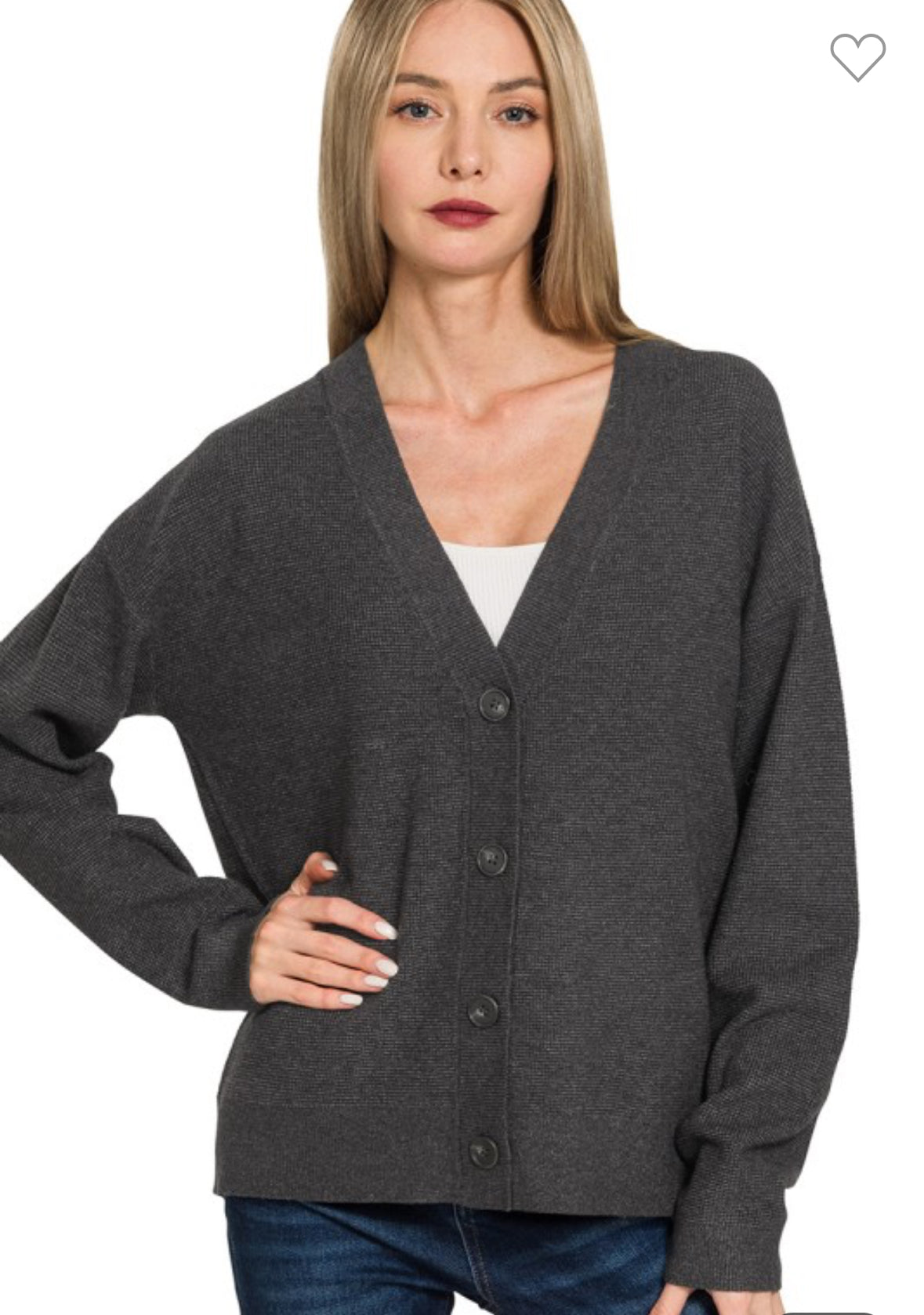 Charcoal Drop Shoulder Button Front Sweater Cardigan-Sweater Cardigan-Zenana-Stuffology - Where Vintage Meets Modern, A Boutique for Real Women in Crosbyton, TX
