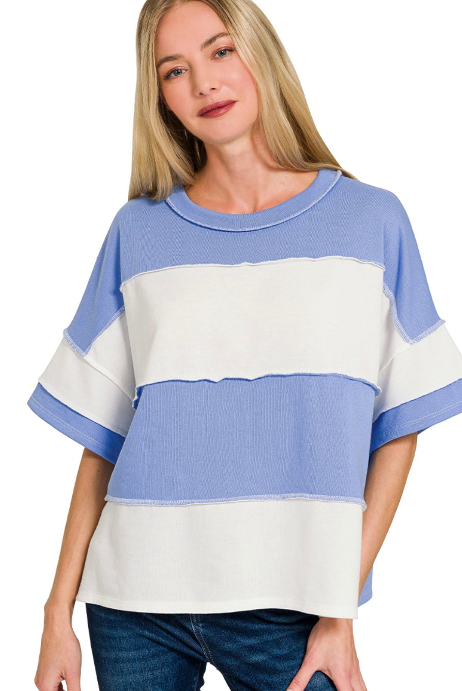 FRENCH TERRY COLOR BLOCK EXPOSED SEAM TOP-Zenana-Stuffology - Where Vintage Meets Modern, A Boutique for Real Women in Crosbyton, TX