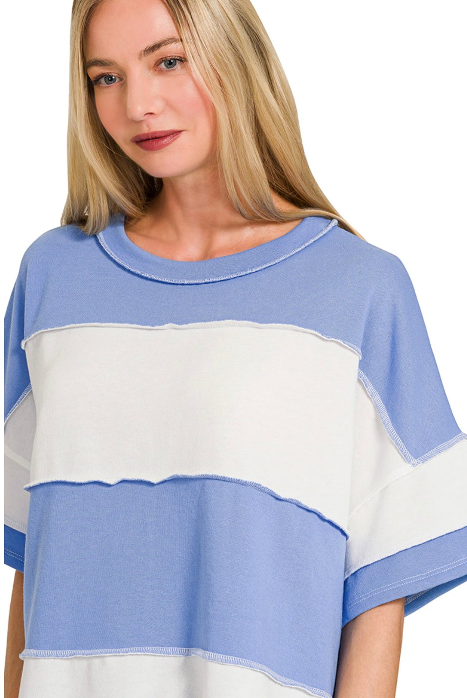 FRENCH TERRY COLOR BLOCK EXPOSED SEAM TOP-Zenana-Stuffology - Where Vintage Meets Modern, A Boutique for Real Women in Crosbyton, TX