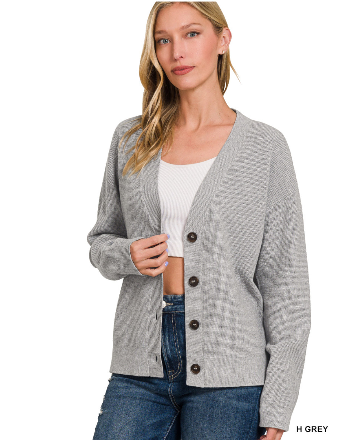 Gray Drop Shoulder Sweater Cardigan-Sweater Cardigan-Zenana-Stuffology - Where Vintage Meets Modern, A Boutique for Real Women in Crosbyton, TX