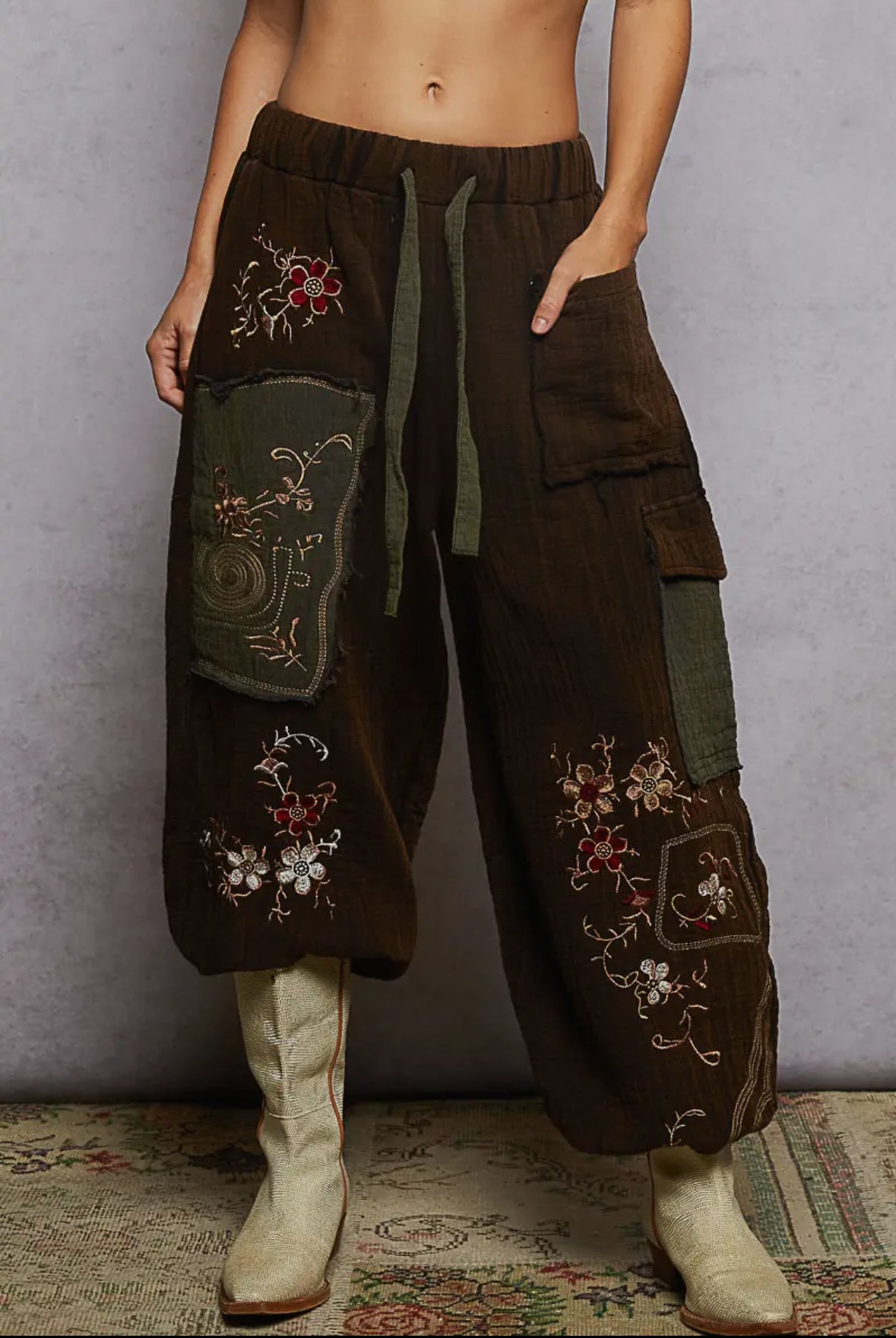 POL Clothing Black Double Gauze Floral Embroidered Pants-pants-POL Clothing-Stuffology - Where Vintage Meets Modern, A Boutique for Real Women in Crosbyton, TX