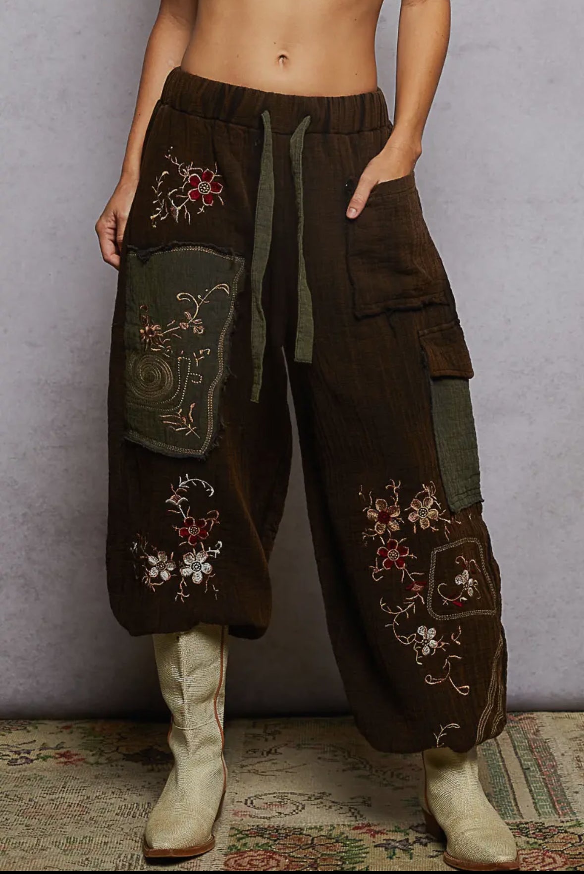 POL Clothing Black Double Gauze Floral Embroidered Pants-pants-POL Clothing-Stuffology - Where Vintage Meets Modern, A Boutique for Real Women in Crosbyton, TX