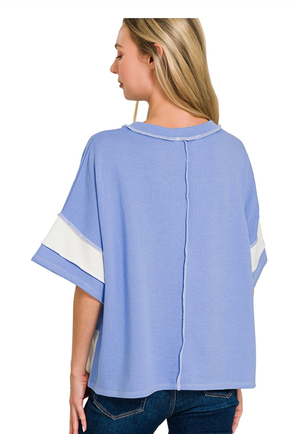 FRENCH TERRY COLOR BLOCK EXPOSED SEAM TOP-Zenana-Stuffology - Where Vintage Meets Modern, A Boutique for Real Women in Crosbyton, TX