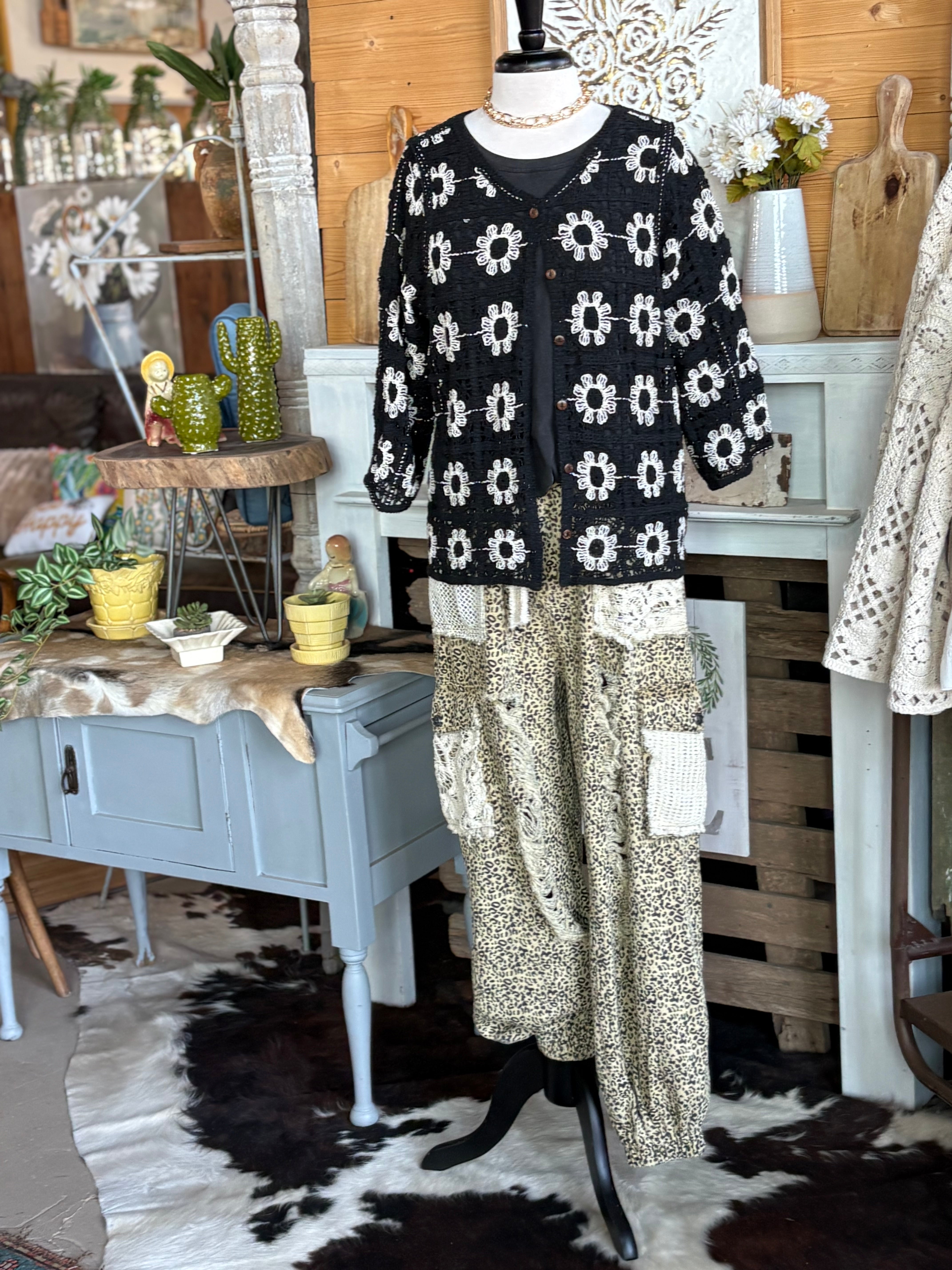 POL Clothing Black and Ivory Crochet Button Short Sleeve Sweater-Sweater Cardigan-POL Clothing-Stuffology - Where Vintage Meets Modern, A Boutique for Real Women in Crosbyton, TX
