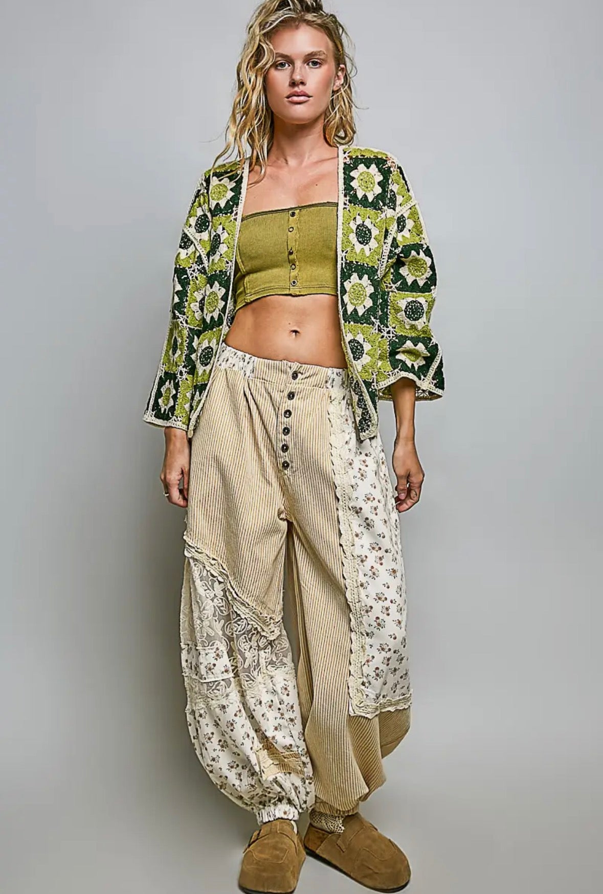 POL Clothing Olive Patchwork Border Cardigan-Cardigan-Stuffology Boutique -Stuffology - Where Vintage Meets Modern, A Boutique for Real Women in Crosbyton, TX