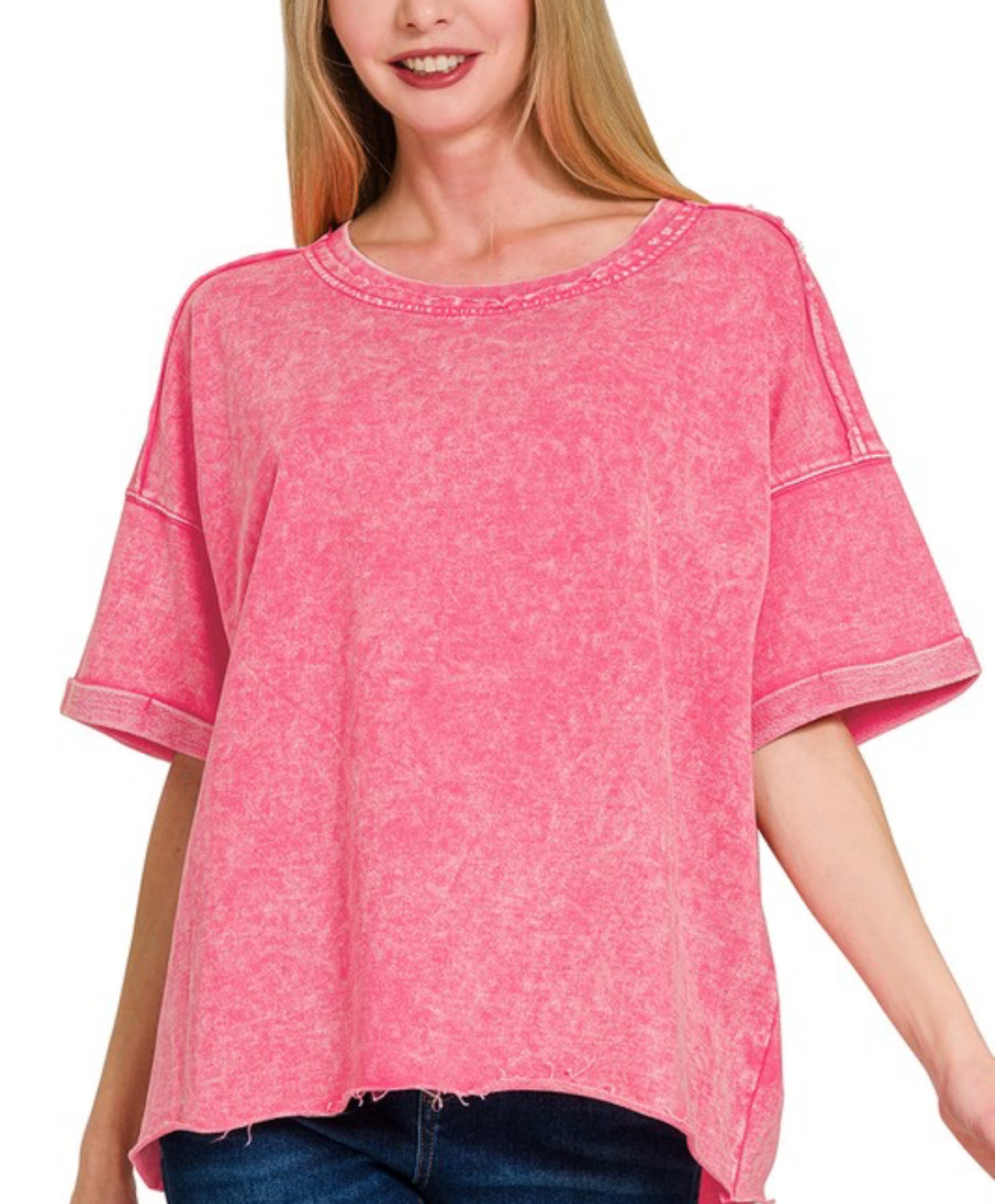 Hot Pink Acid Wash French Terry Top-TOP-ZENANA-Stuffology - Where Vintage Meets Modern, A Boutique for Real Women in Crosbyton, TX