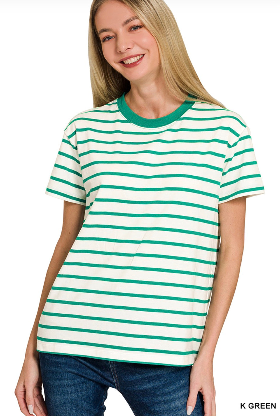Kelly Green Striped Crew Neck Tee-Tops-Zenana-Stuffology - Where Vintage Meets Modern, A Boutique for Real Women in Crosbyton, TX