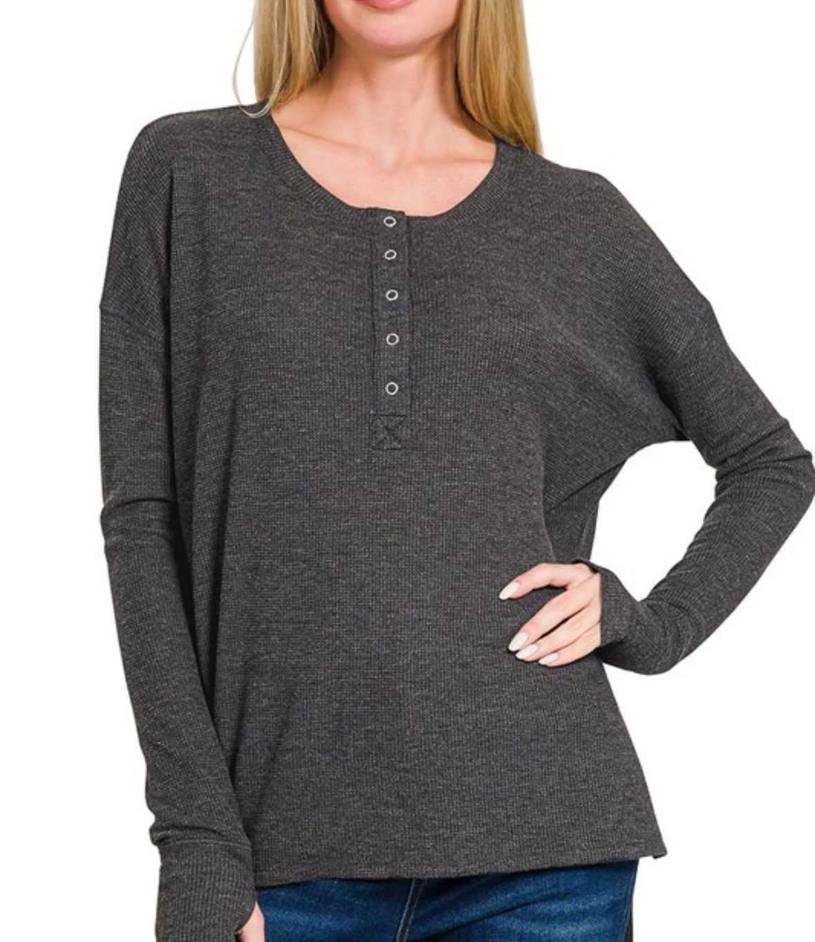 Waffle Henley Hi Low Top-TOP-Zenana-Stuffology - Where Vintage Meets Modern, A Boutique for Real Women in Crosbyton, TX