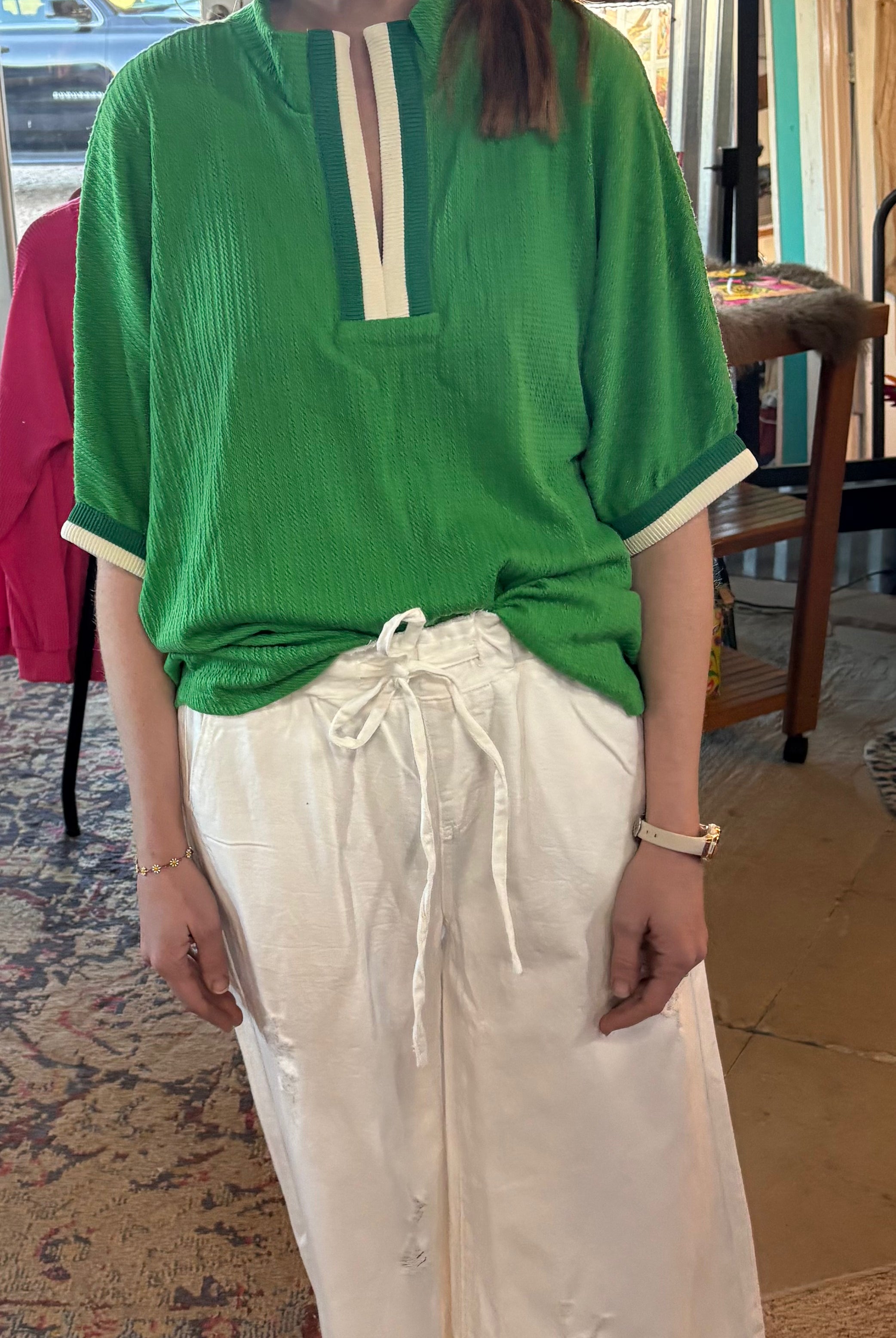 Textured Knit Top with Contrast Trim - Green-Tops-Stuffology Boutique -Stuffology - Where Vintage Meets Modern, A Boutique for Real Women in Crosbyton, TX