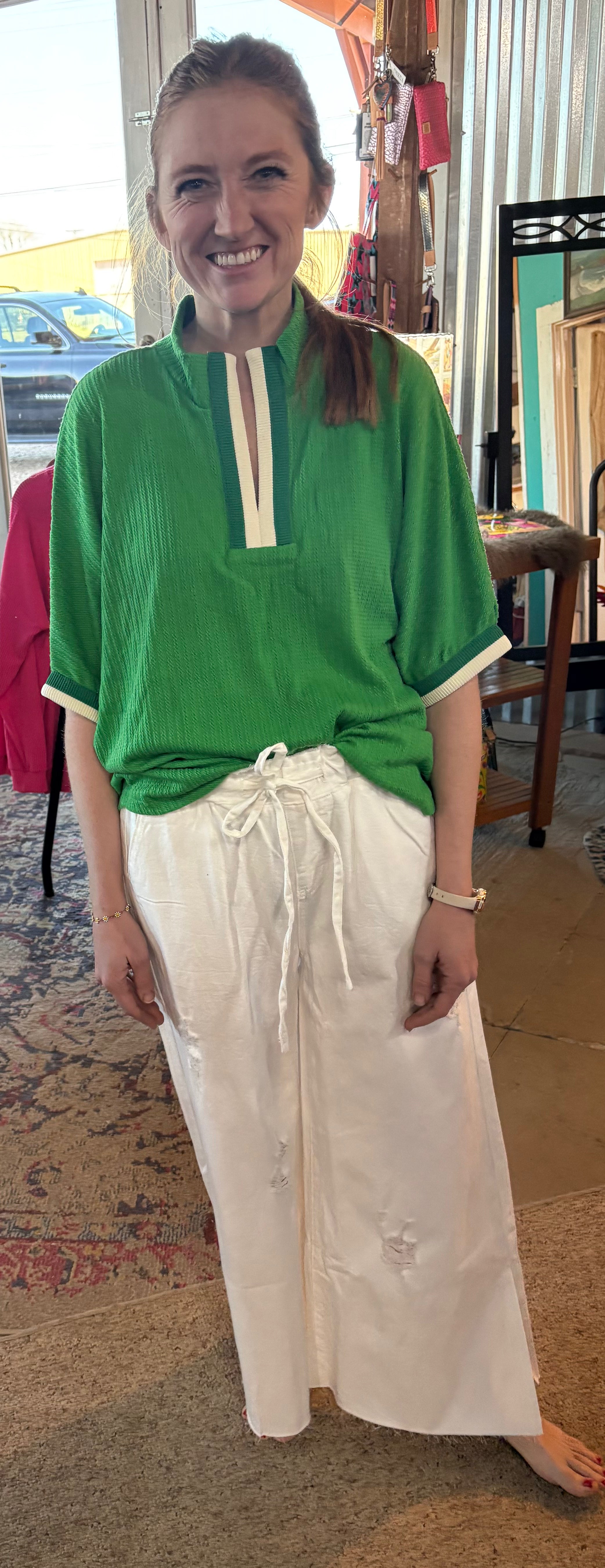 Textured Knit Top with Contrast Trim - Green-Tops-Stuffology Boutique -Stuffology - Where Vintage Meets Modern, A Boutique for Real Women in Crosbyton, TX