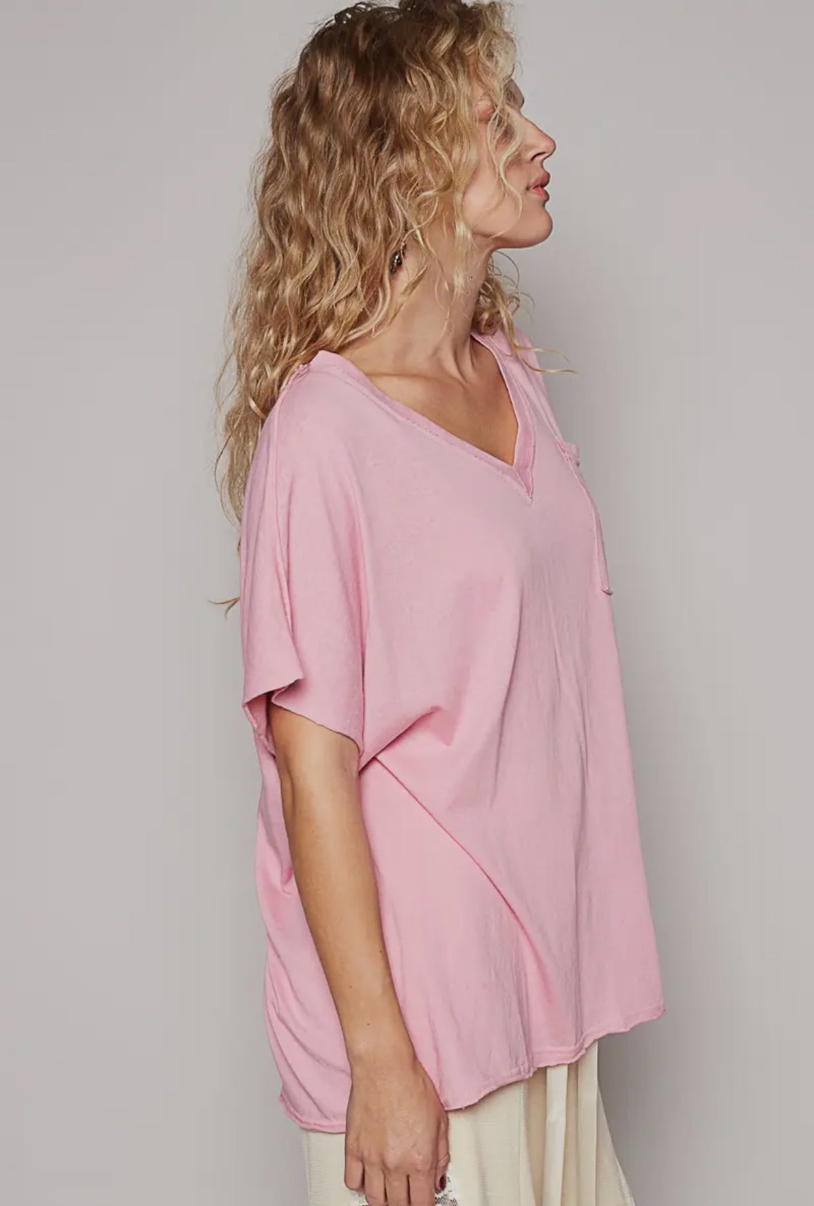 POL Clothing Oversized Front Pocket Pink V-Neck Top-TOP-POL Clothing-Stuffology - Where Vintage Meets Modern, A Boutique for Real Women in Crosbyton, TX