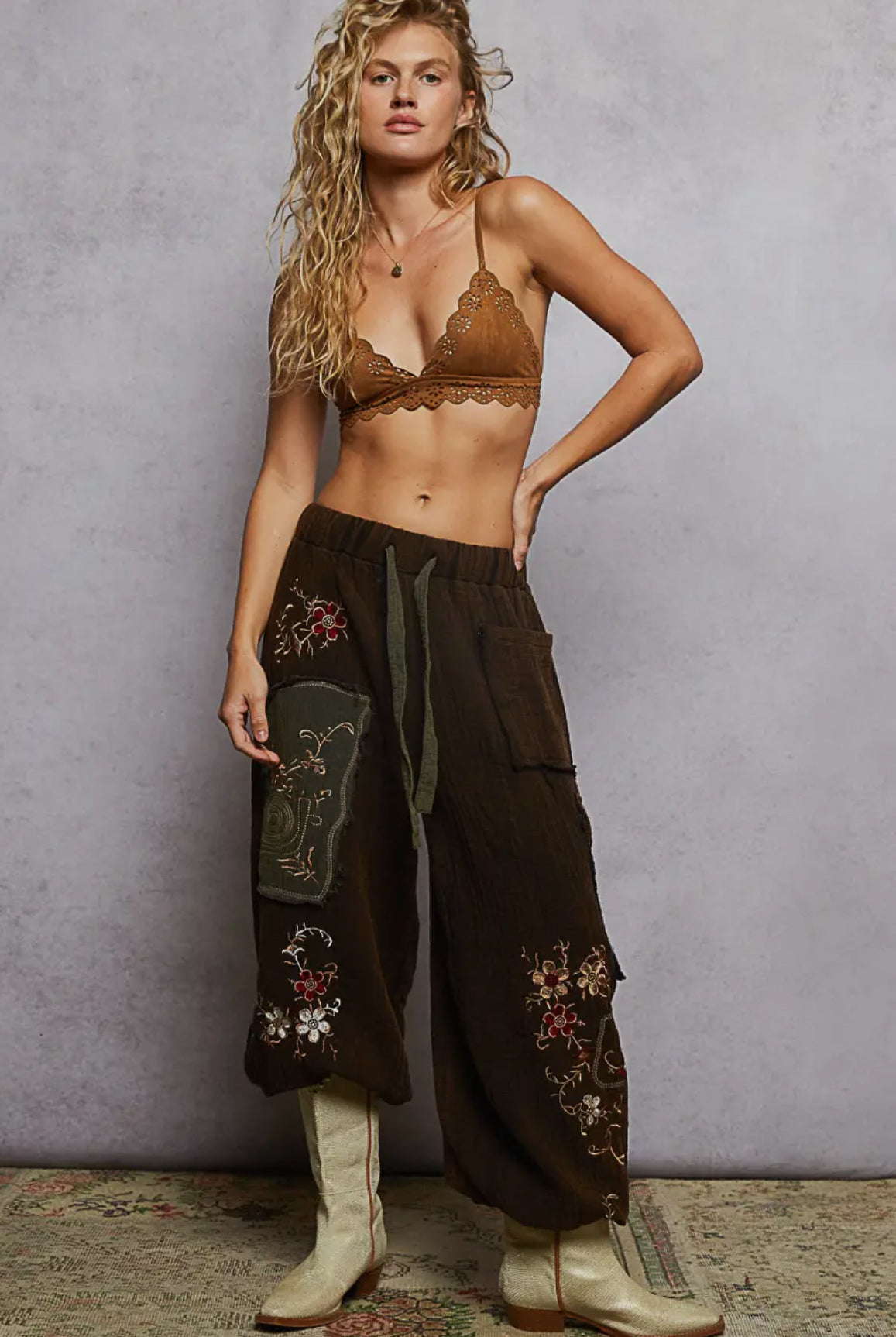 POL Clothing Black Double Gauze Floral Embroidered Pants-pants-POL Clothing-Stuffology - Where Vintage Meets Modern, A Boutique for Real Women in Crosbyton, TX
