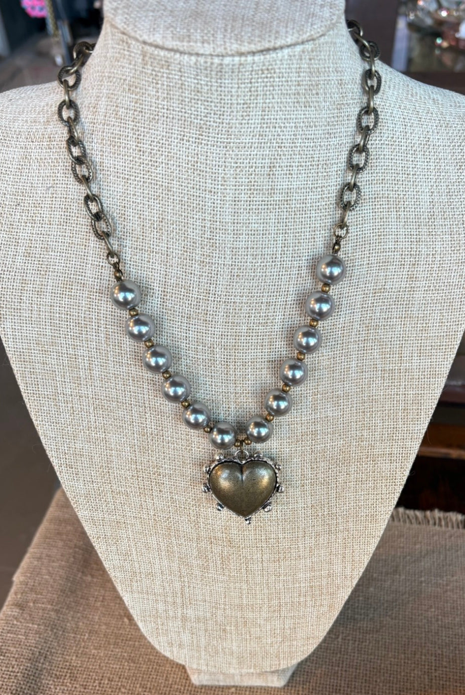 Gray Pearl Chain Necklace with Vintage Heart Pendant-Necklaces-Lost & Found Trading-Stuffology - Where Vintage Meets Modern, A Boutique for Real Women in Crosbyton, TX