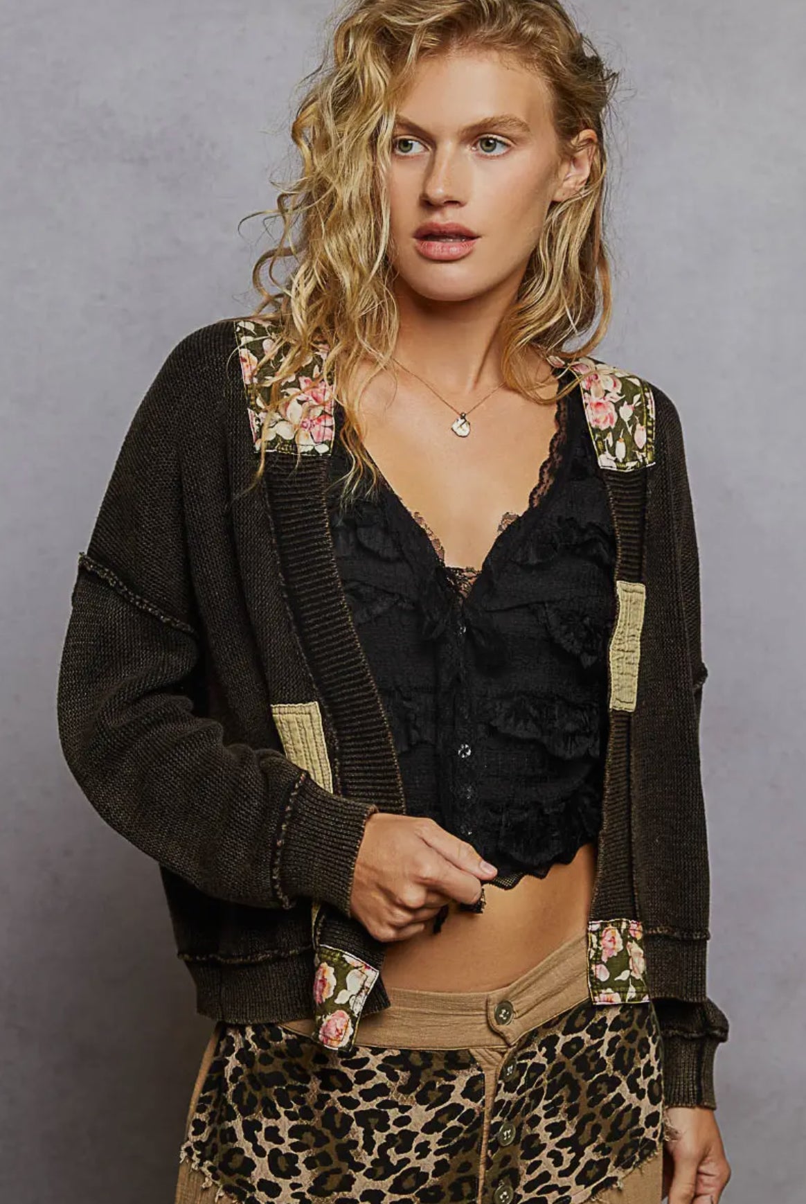 POL Clothing Patchwork Accent Knit Cardigan-Sweater Cardigan-POL Clothing-Stuffology - Where Vintage Meets Modern, A Boutique for Real Women in Crosbyton, TX