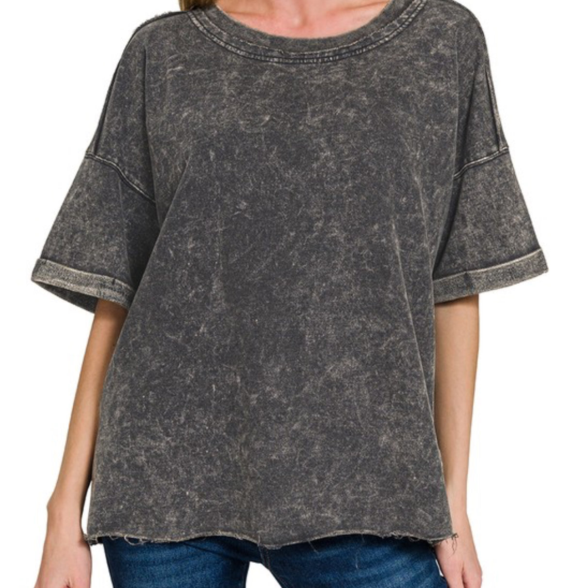 Black Acid Wash French Terry Top-TOP-ZENANA-Stuffology - Where Vintage Meets Modern, A Boutique for Real Women in Crosbyton, TX