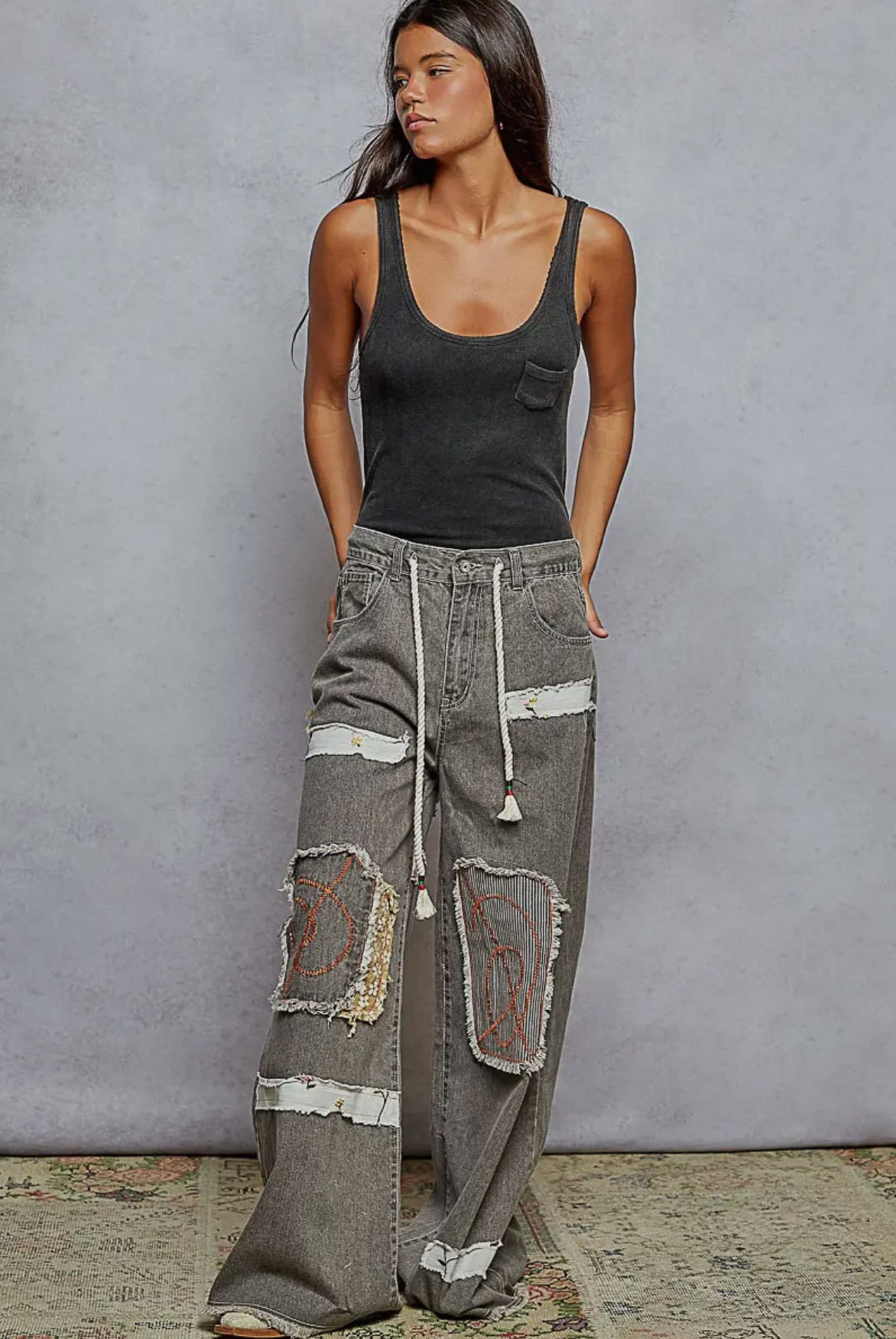 POL Clothing - Patchwork Wide Leg Twill Pants-Jeans-Pol Clothing-Stuffology - Where Vintage Meets Modern, A Boutique for Real Women in Crosbyton, TX
