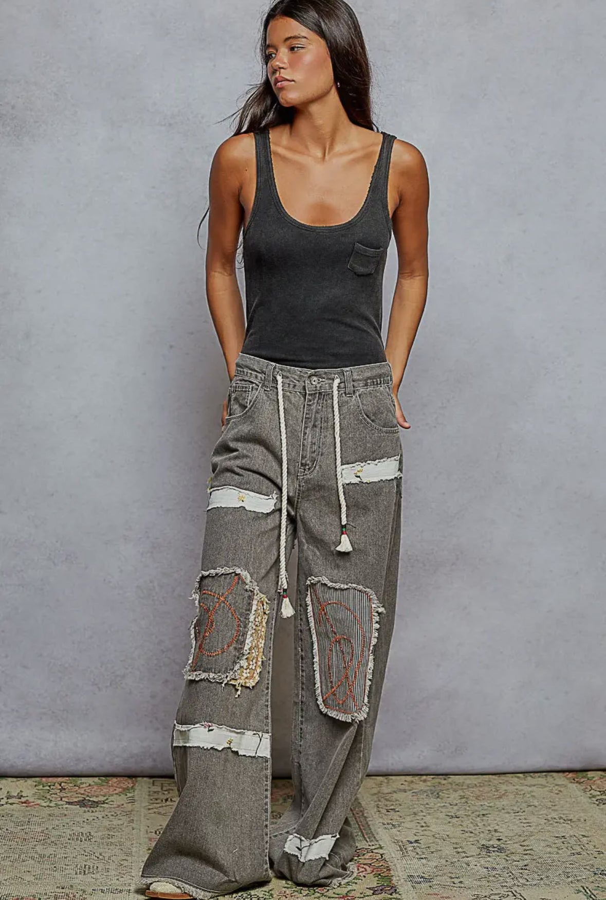 POL Clothing - Patchwork Wide Leg Twill Pants-Jeans-Pol Clothing-Stuffology - Where Vintage Meets Modern, A Boutique for Real Women in Crosbyton, TX