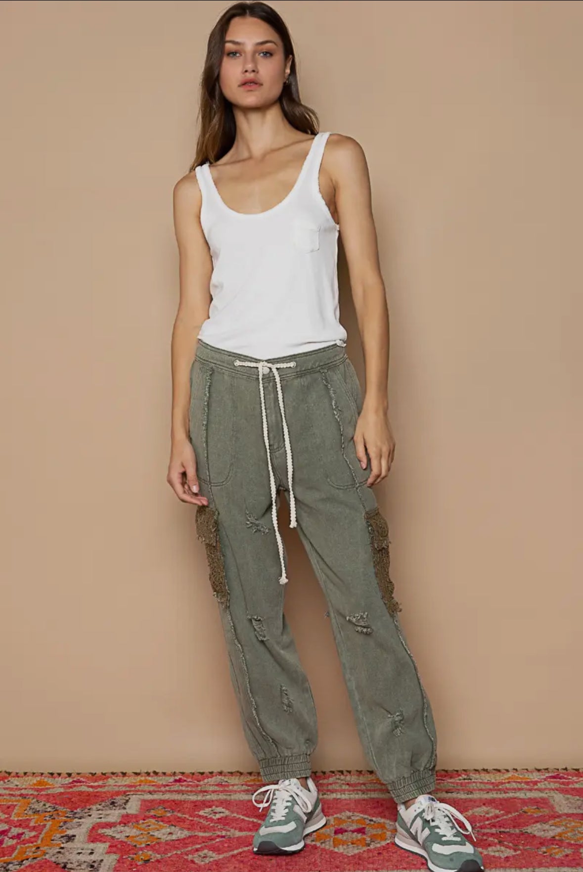 POL Clothing Shadow Green Tie Waistband Contrast Crochet Cargo Pockets Denim Joggers-Joggers-Pol Clothing-Stuffology - Where Vintage Meets Modern, A Boutique for Real Women in Crosbyton, TX