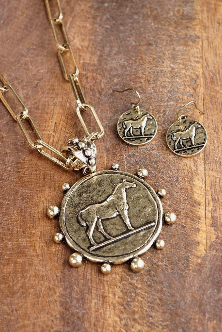 Equestrian Western Horse Coin Statement Necklace – Worn Gold Tone-necklace-PennyLine inc-Stuffology - Where Vintage Meets Modern, A Boutique for Real Women in Crosbyton, TX