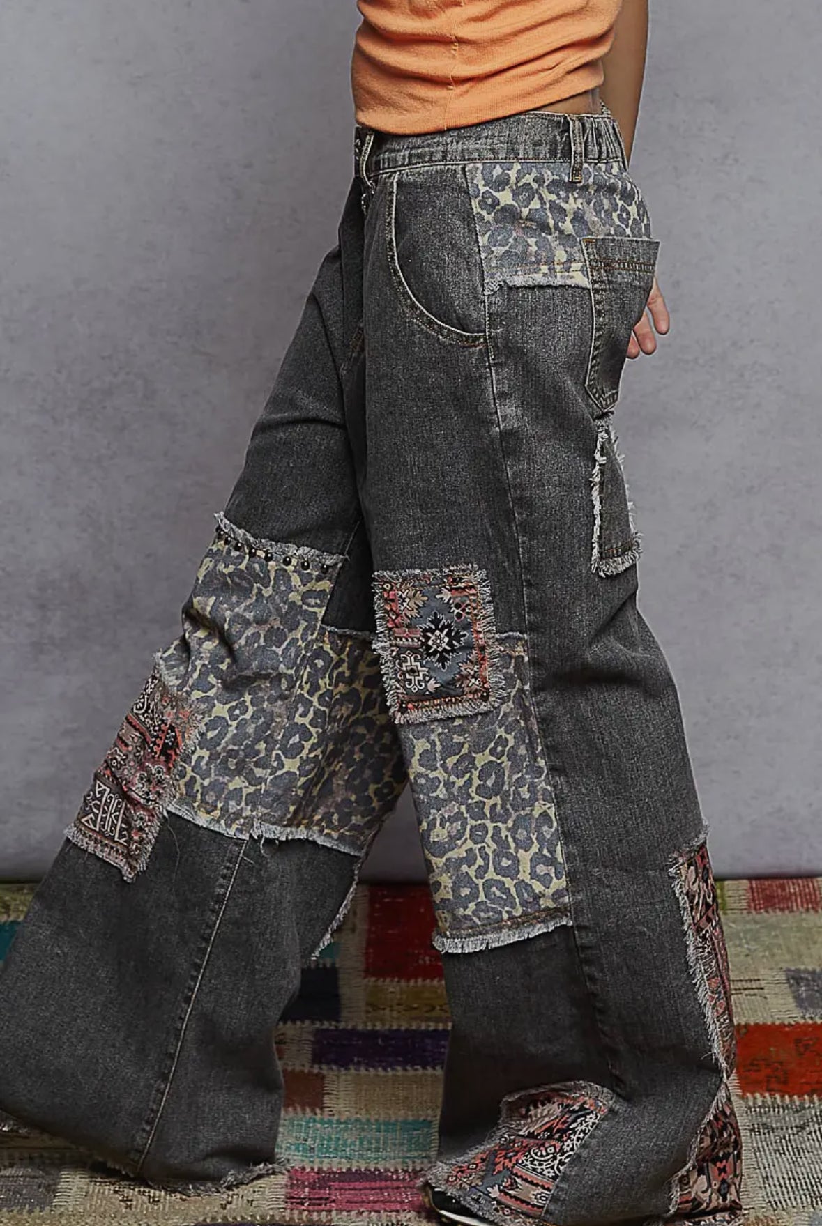 POL Clothing Vintage Black Leopard Patchwork Wide-Leg Jeans-Pol Clothing-Stuffology - Where Vintage Meets Modern, A Boutique for Real Women in Crosbyton, TX