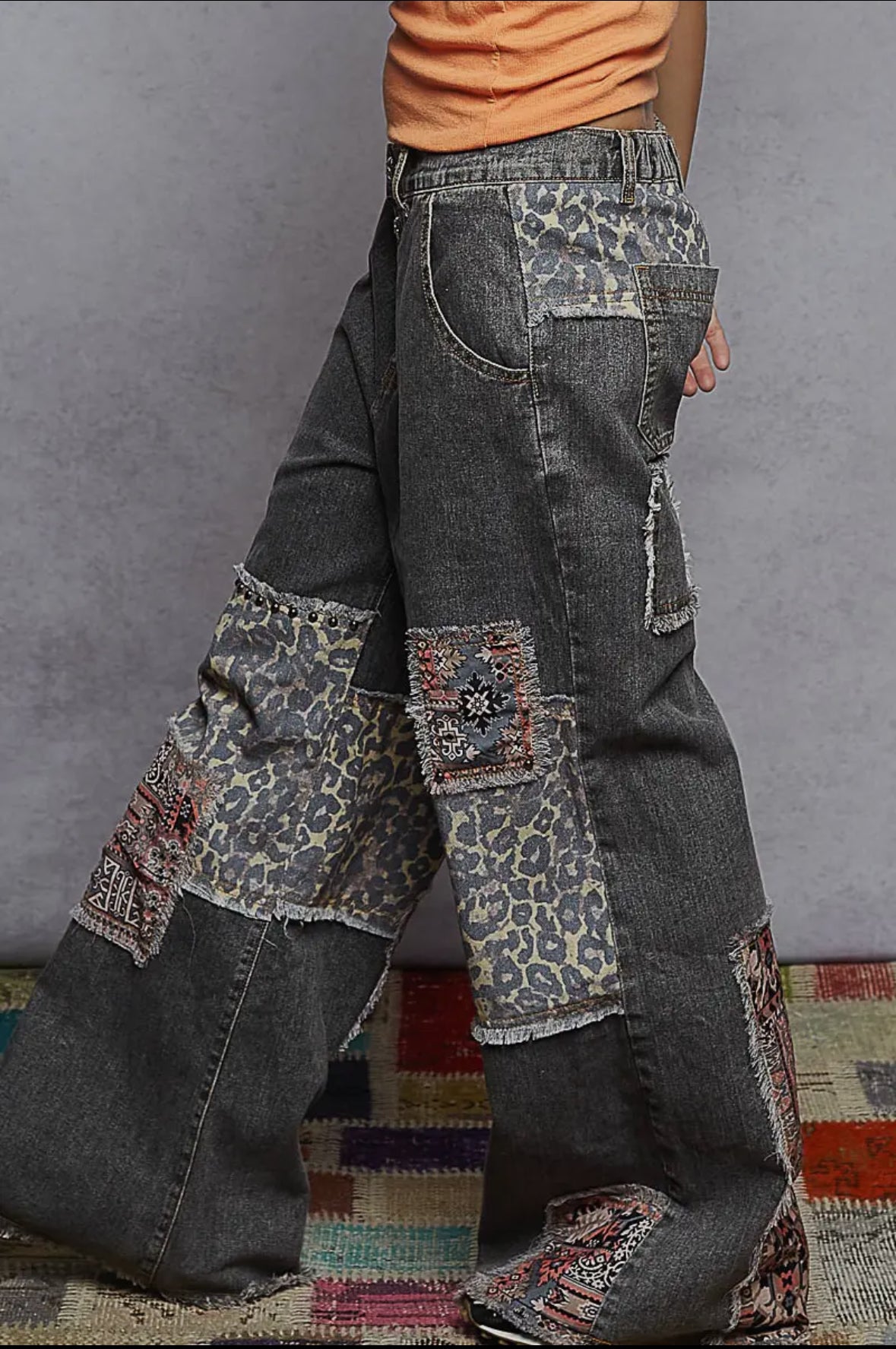 POL Clothing Vintage Black Leopard Patchwork Wide-Leg Jeans-Pol Clothing-Stuffology - Where Vintage Meets Modern, A Boutique for Real Women in Crosbyton, TX
