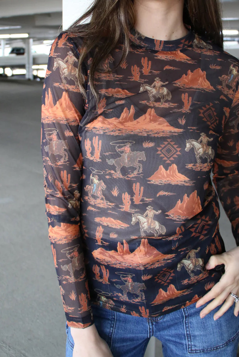 Black Rusty Desert Cowboy Mesh Top-MESH TOP-Stuffology Boutique -Stuffology - Where Vintage Meets Modern, A Boutique for Real Women in Crosbyton, TX