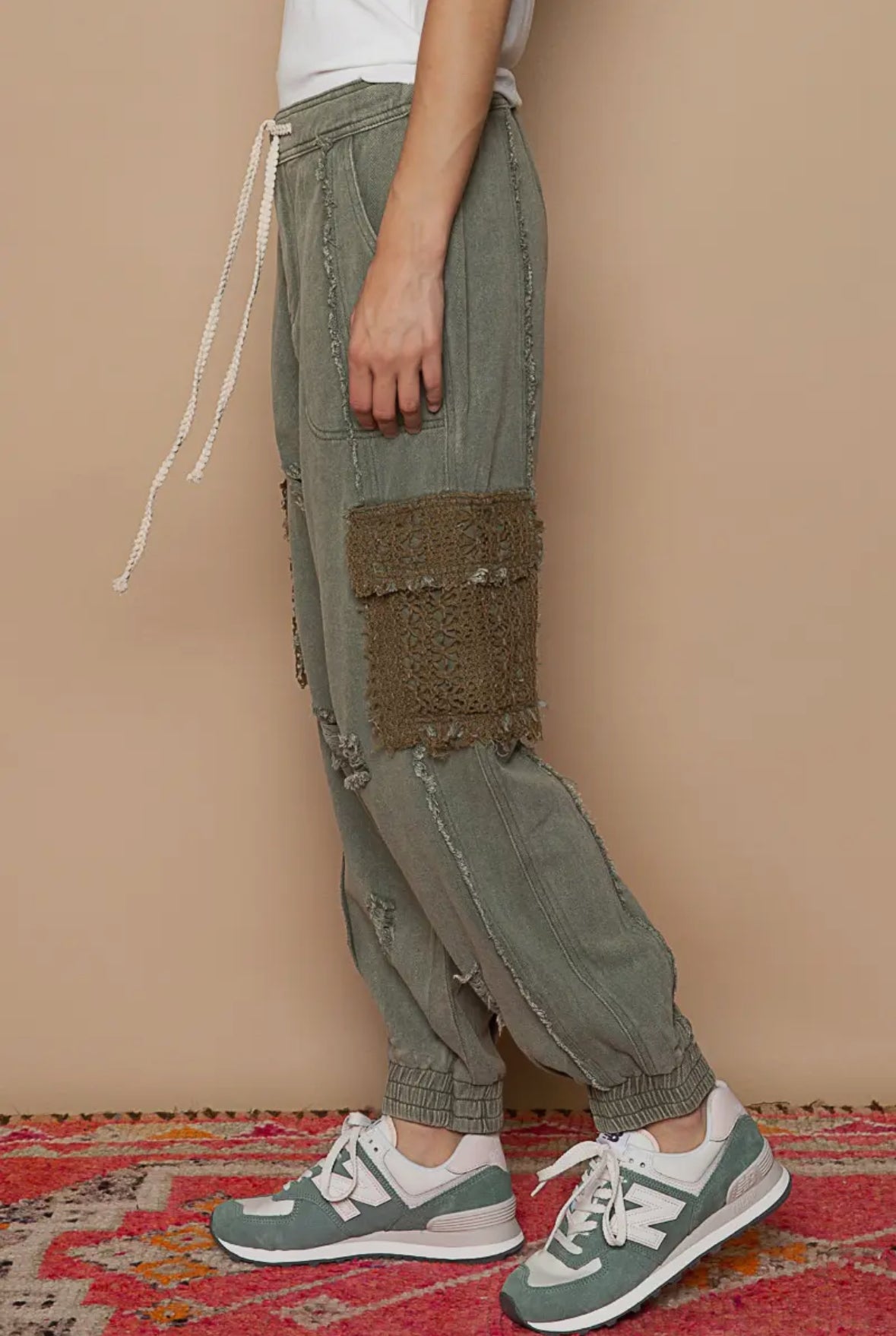 POL Clothing Shadow Green Tie Waistband Contrast Crochet Cargo Pockets Denim Joggers-Joggers-Pol Clothing-Stuffology - Where Vintage Meets Modern, A Boutique for Real Women in Crosbyton, TX
