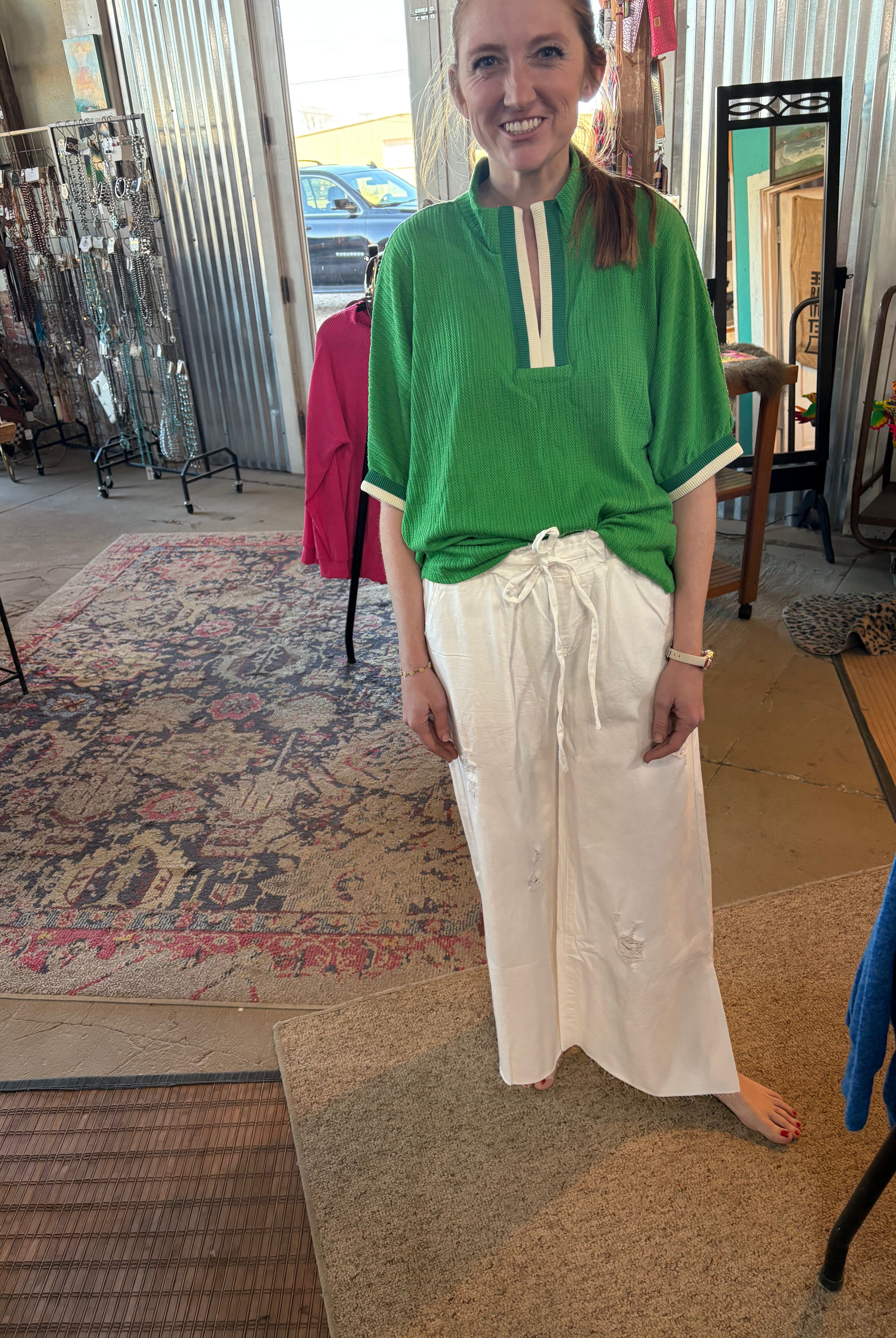 Textured Knit Top with Contrast Trim - Green-Tops-Stuffology Boutique -Stuffology - Where Vintage Meets Modern, A Boutique for Real Women in Crosbyton, TX